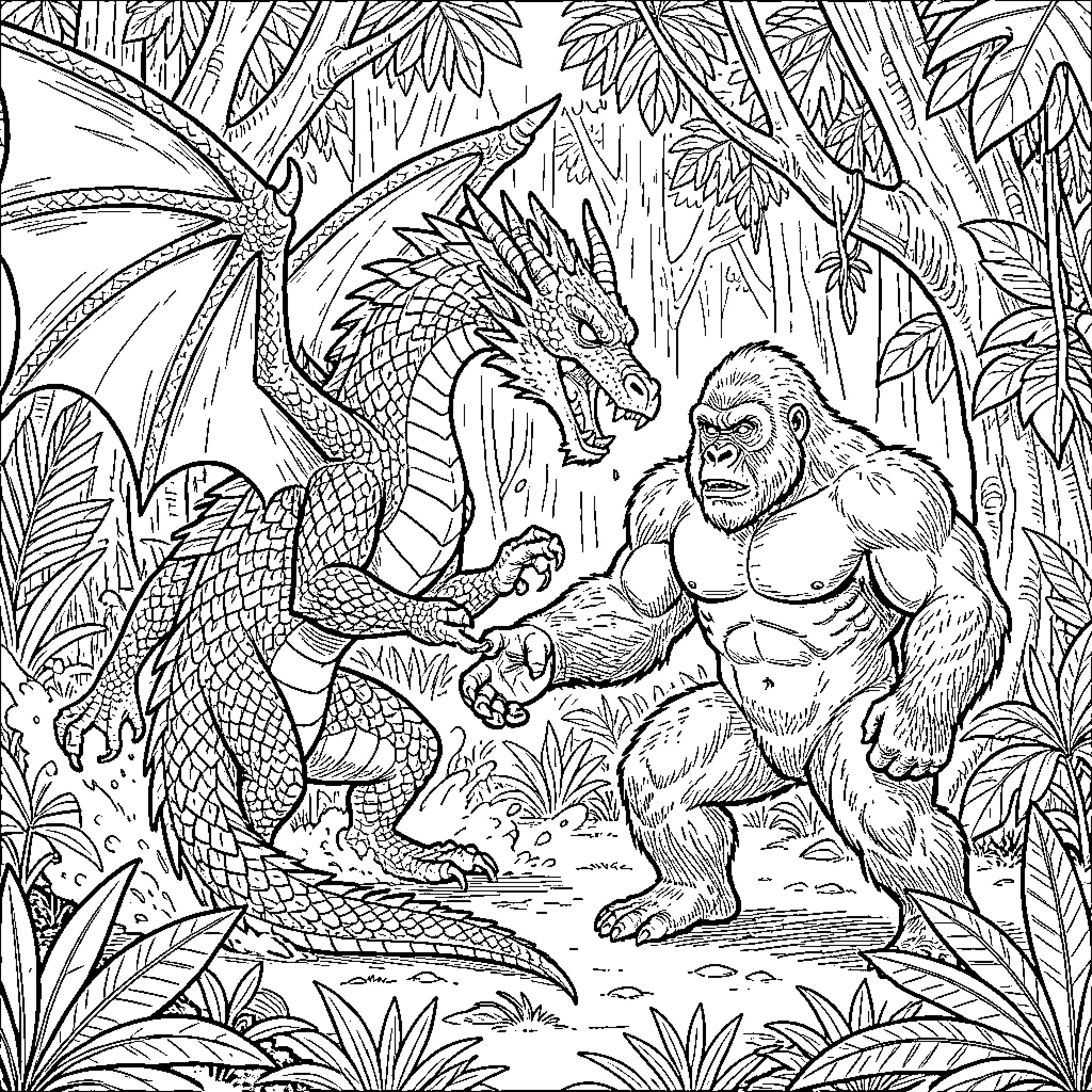 Dragon confronting a fierce beast in the jungle Coloring Page (free black-and-white line drawing printable PDF for all, from beginners to advanced learners, including children, teens, adults, and seniors)