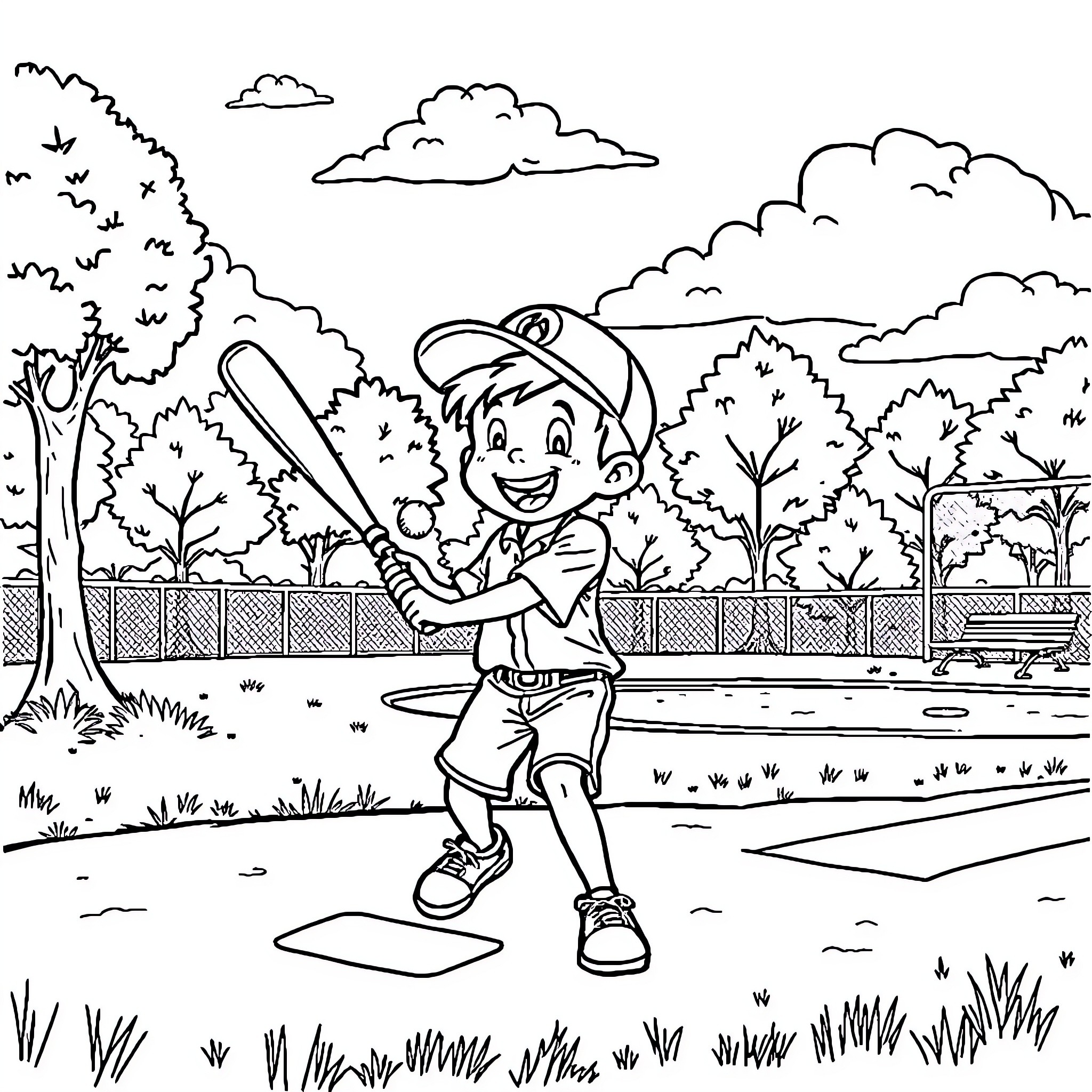 Kid playing baseball in a park Coloring Page (free black-and-white line drawing printable PDF for all, from beginners to advanced learners, including children, teens, adults, and seniors)