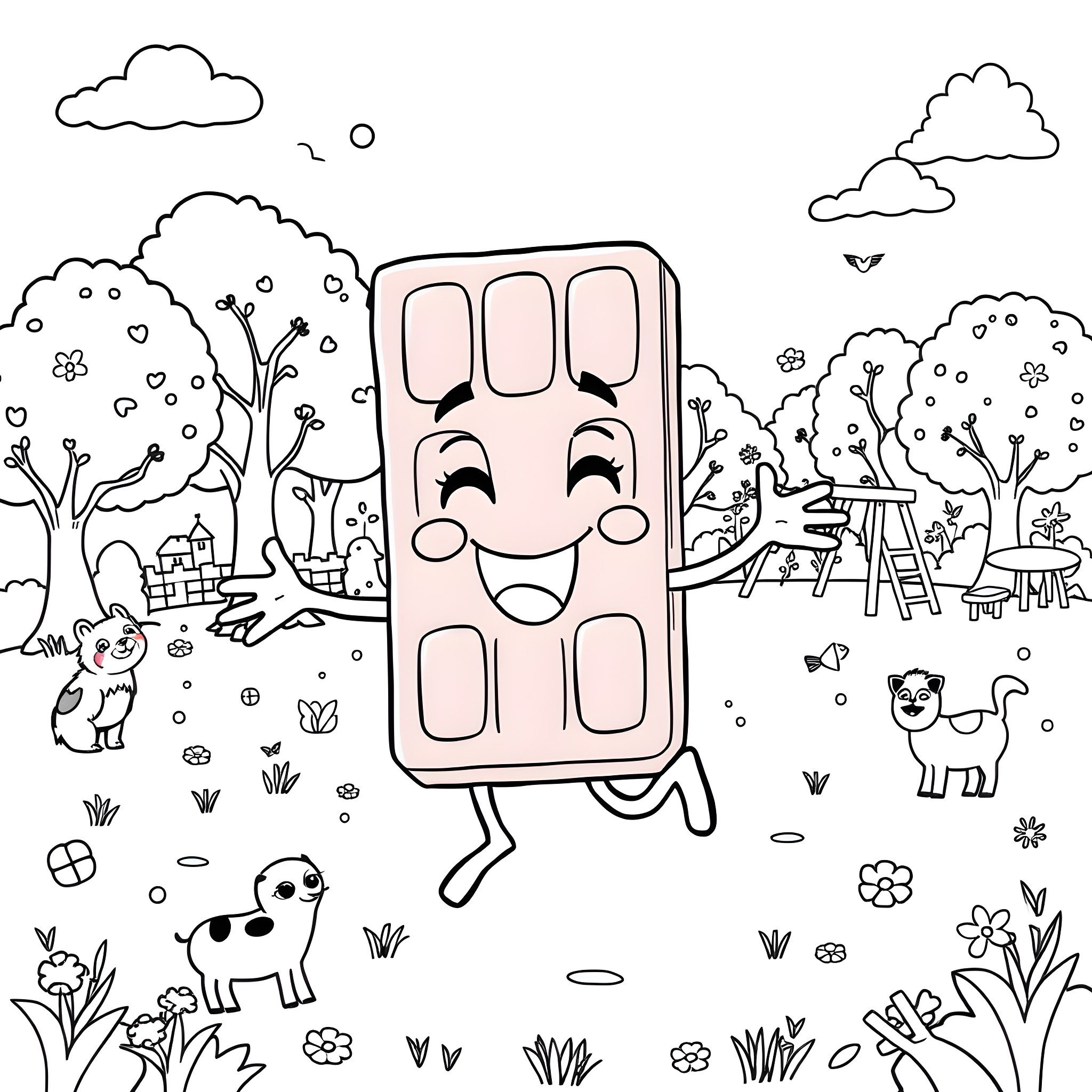 Chocolate Bar Enjoying a Playful Outdoor Adventure Coloring Page (free black-and-white line drawing printable PDF for all, from beginners to advanced learners, including children, teens, adults, and seniors)
