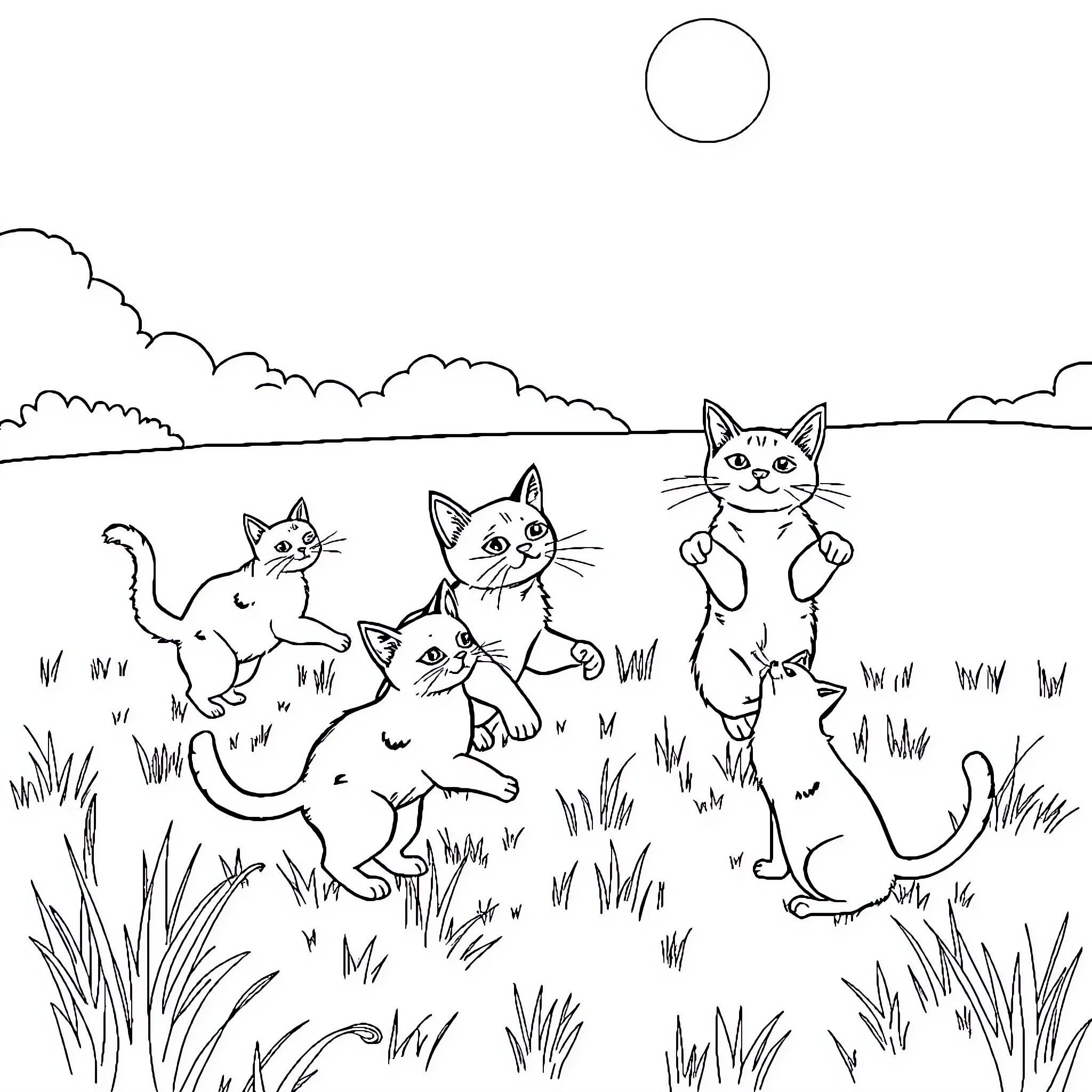 Cats Frolicking in the Meadow Coloring Page (free black-and-white line drawing printable PDF for all, from beginners to advanced learners, including children, teens, adults, and seniors)