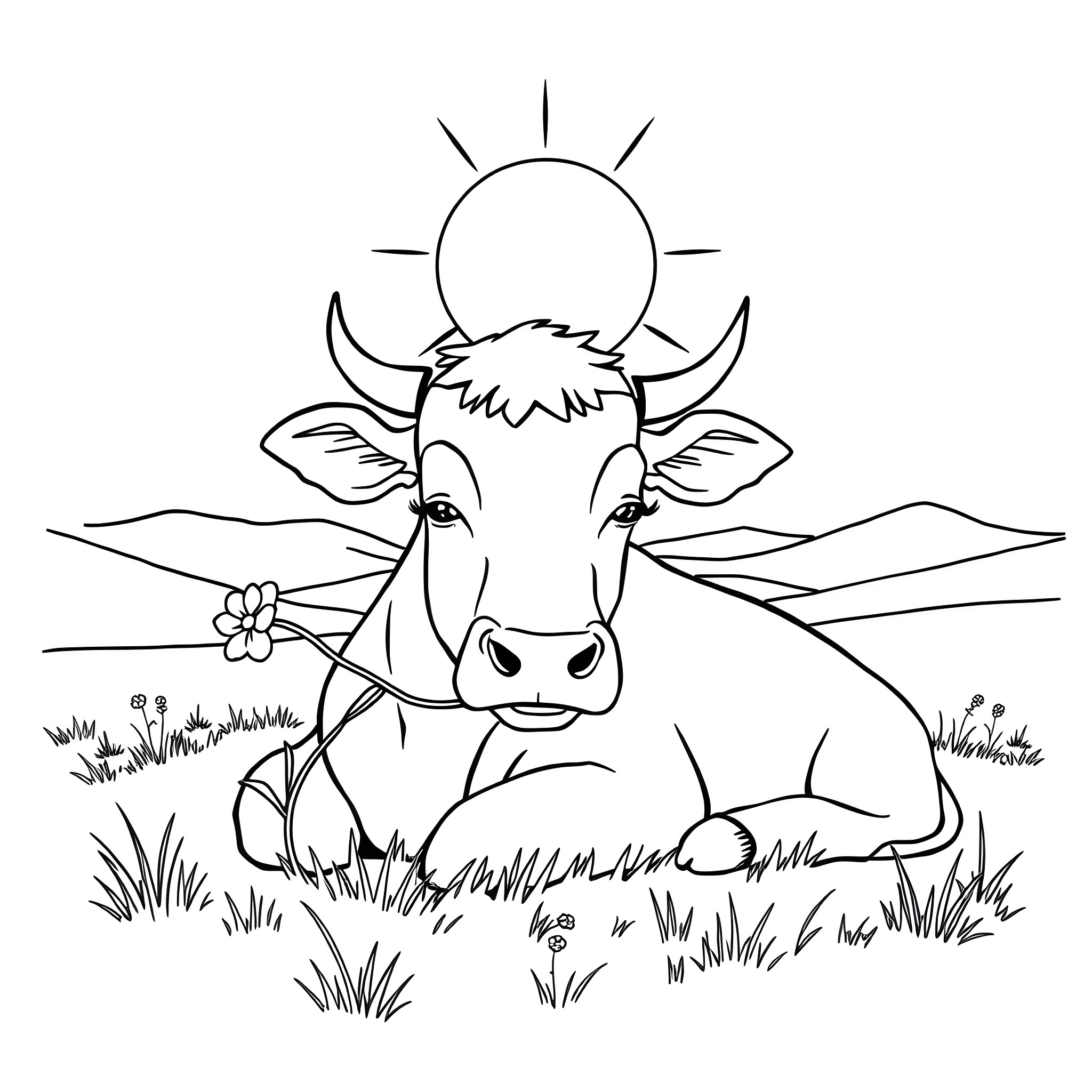 Cow relaxing in a serene meadow Coloring Page (free black-and-white line drawing printable PDF for all, from beginners to advanced learners, including children, teens, adults, and seniors)