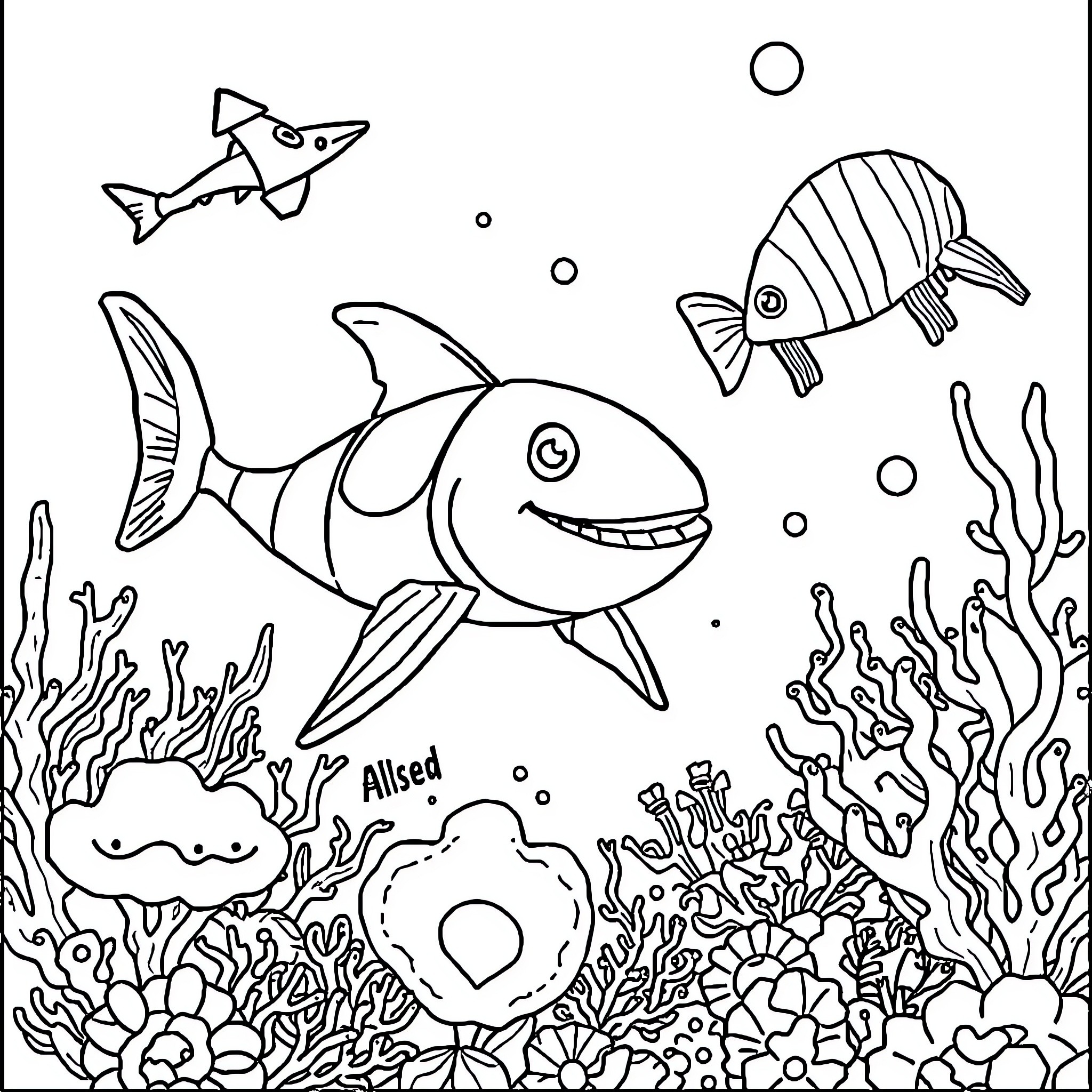Jetson's Underwater Adventure with Vibrant Sea Creatures Coloring Page (free black-and-white line drawing printable PDF for all, from beginners to advanced learners, including children, teens, adults, and seniors)