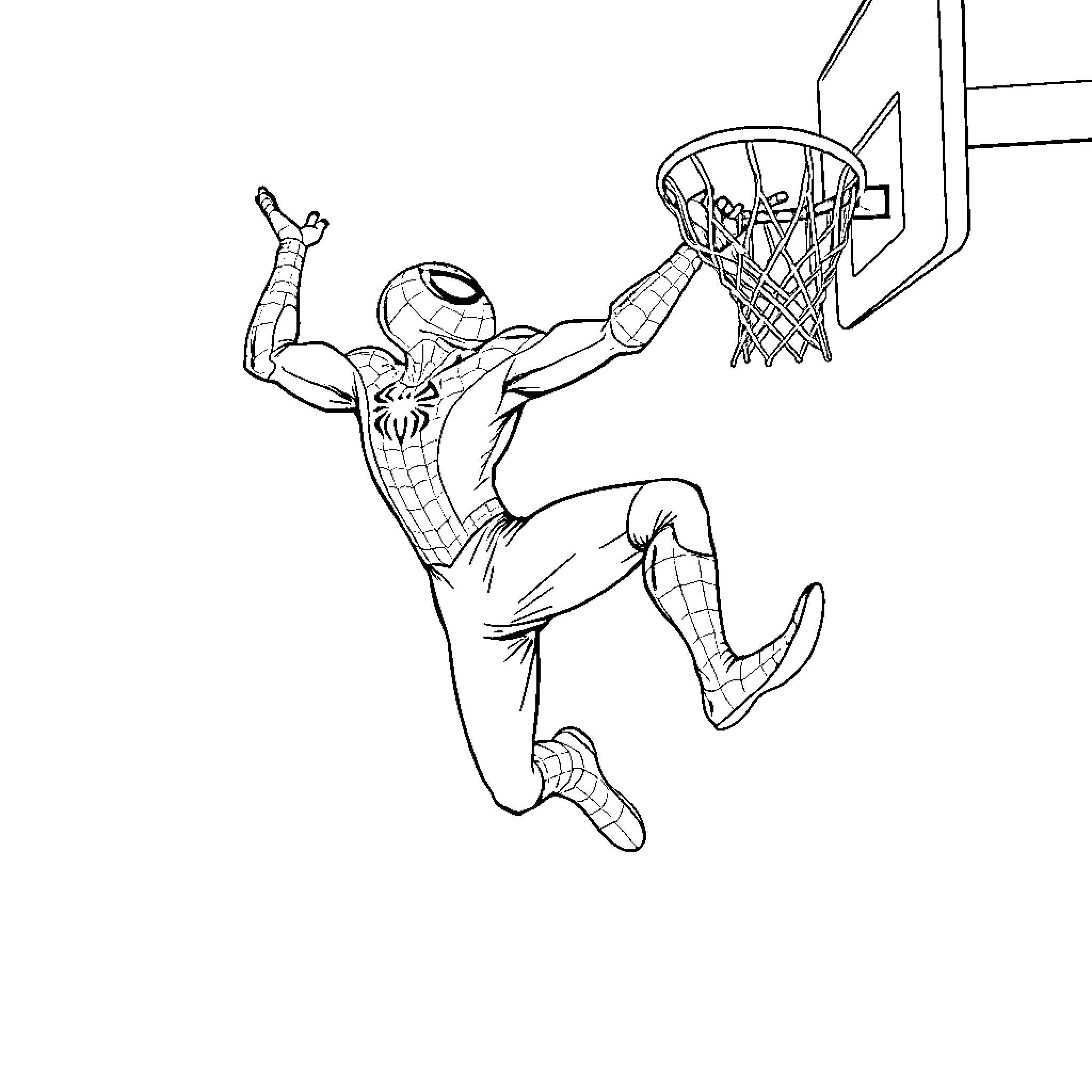 Spiderman dunking basketball with athletic pose Coloring Page (free black-and-white line drawing printable PDF for all, from beginners to advanced learners, including children, teens, adults, and seniors)