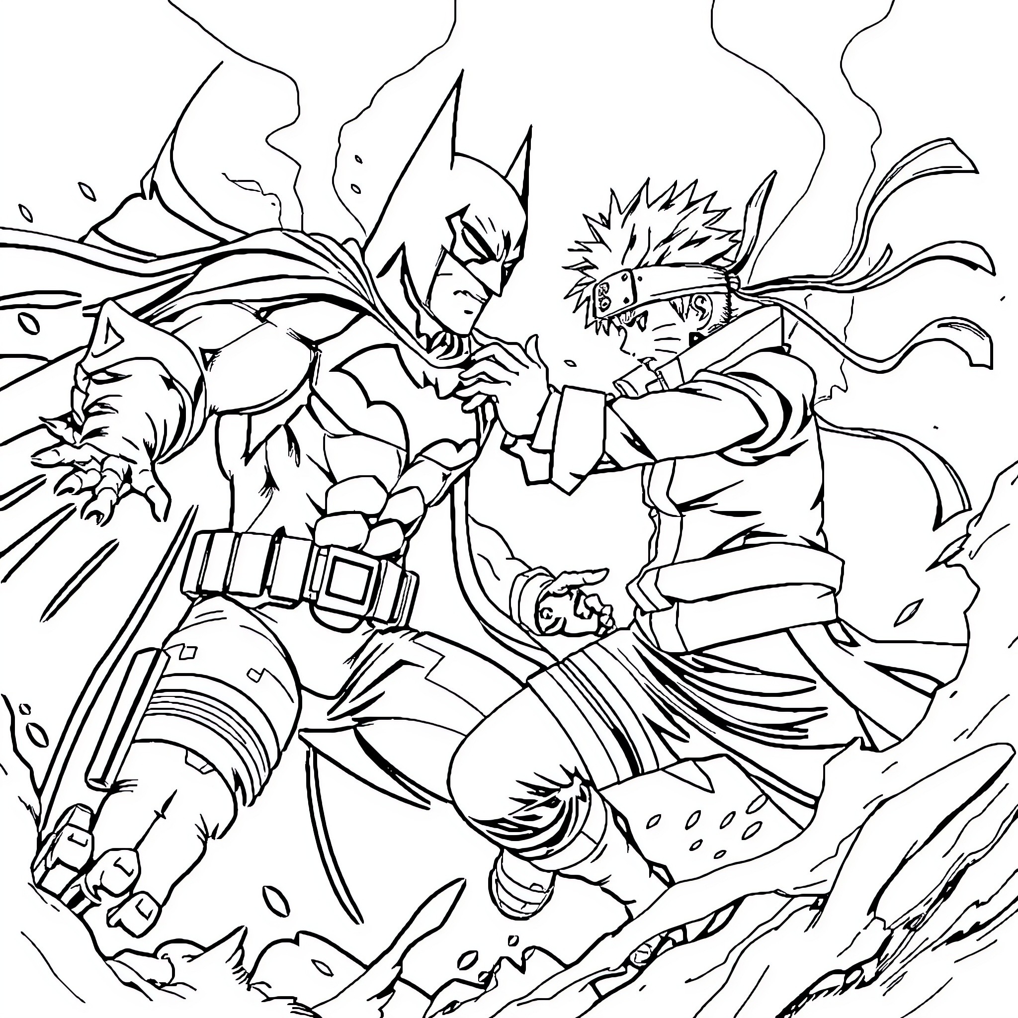 Batman battling a powerful foe in an intense confrontation Coloring Page (free black-and-white line drawing printable PDF for all, from beginners to advanced learners, including children, teens, adults, and seniors)