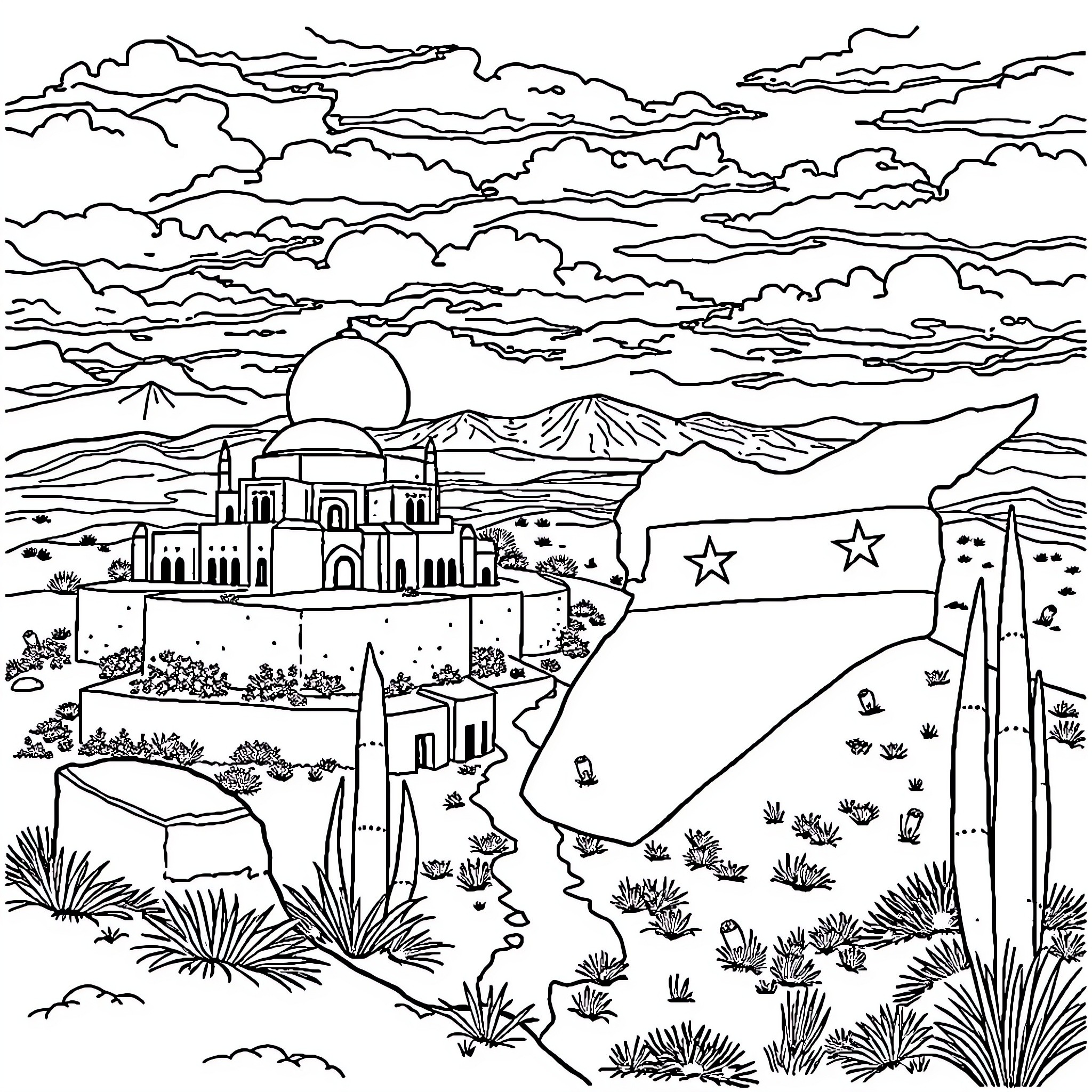 Syria and Iraq: Architectural Landscapes and Military Symbols Coloring Page (free black-and-white line drawing printable PDF for all, from beginners to advanced learners, including children, teens, adults, and seniors)