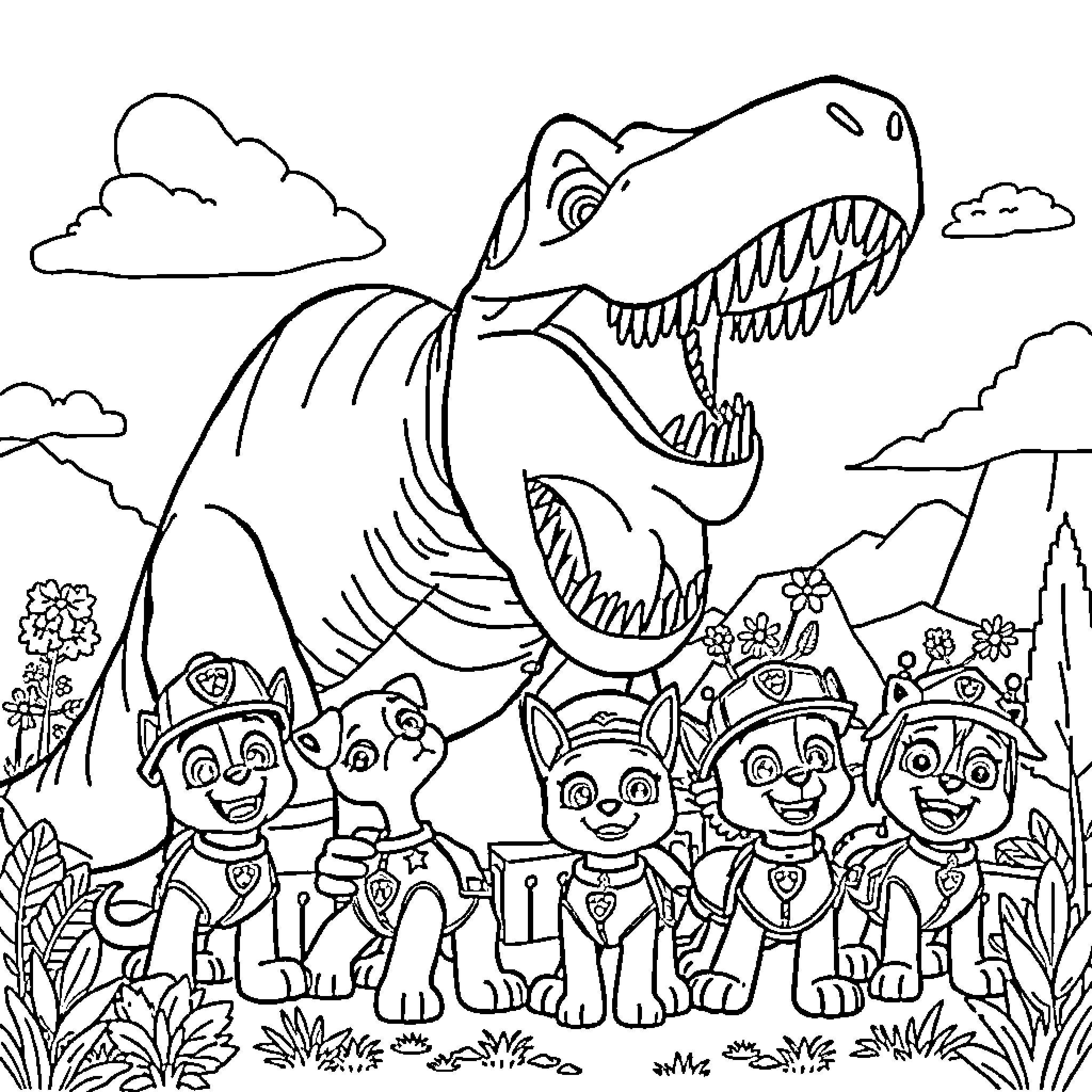 Dinosaur and Puppies Adventure in the Wilderness Coloring Page (free black-and-white line drawing printable PDF for all, from beginners to advanced learners, including children, teens, adults, and seniors)