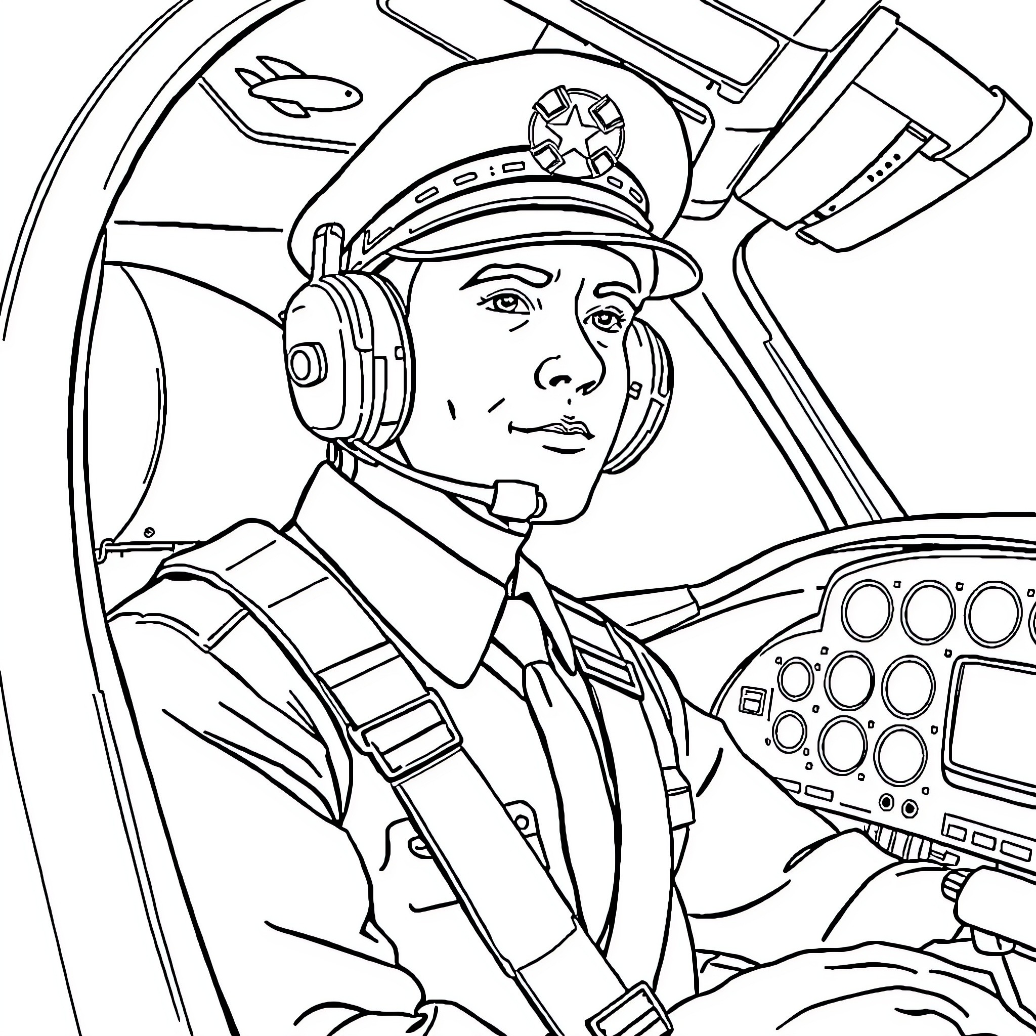 Pilot operating aircraft controls in cockpit Coloring Page (free black-and-white line drawing printable PDF for all, from beginners to advanced learners, including children, teens, adults, and seniors)