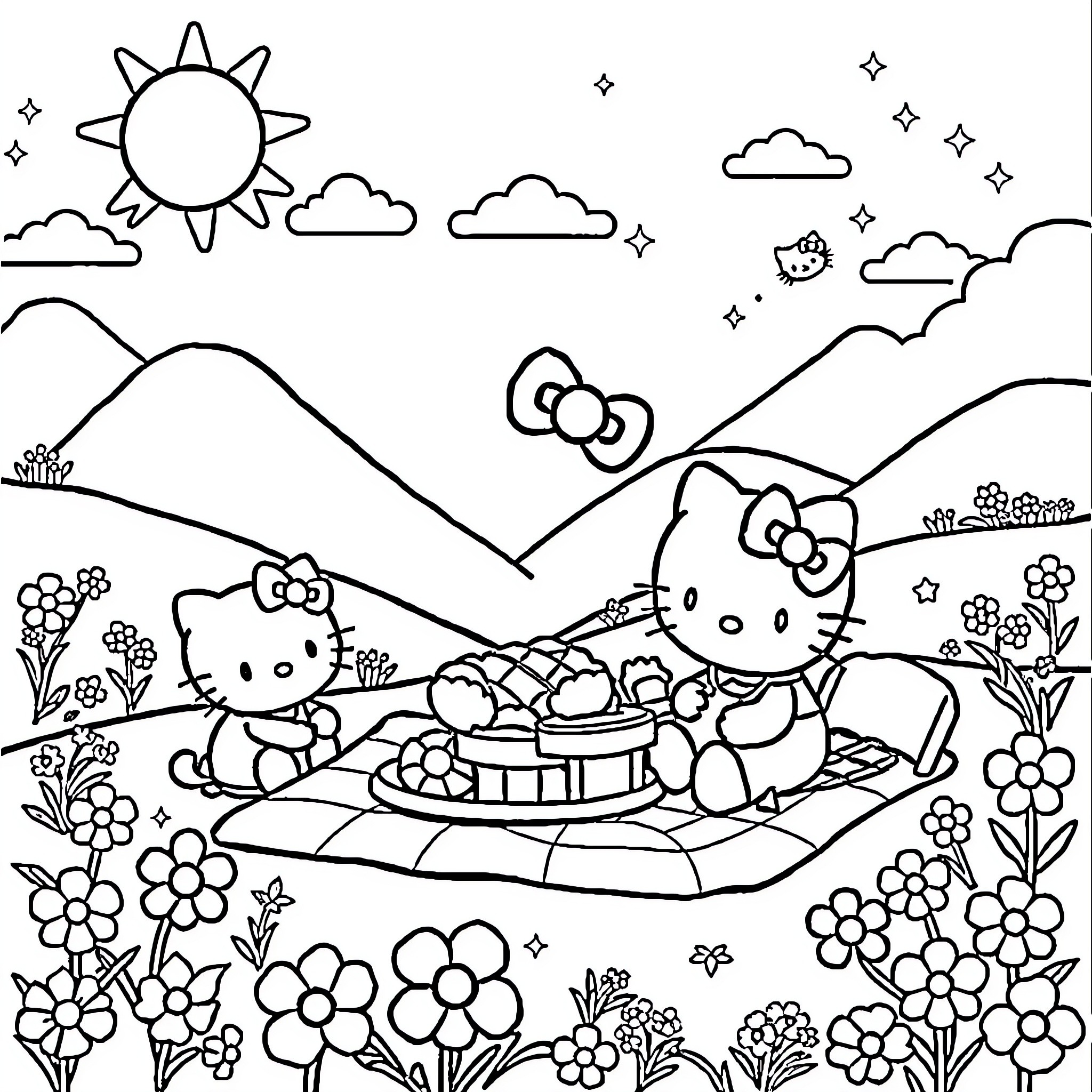 Hello Kitty enjoying a picnic in nature Coloring Page (free black-and-white line drawing printable PDF for all, from beginners to advanced learners, including children, teens, adults, and seniors)