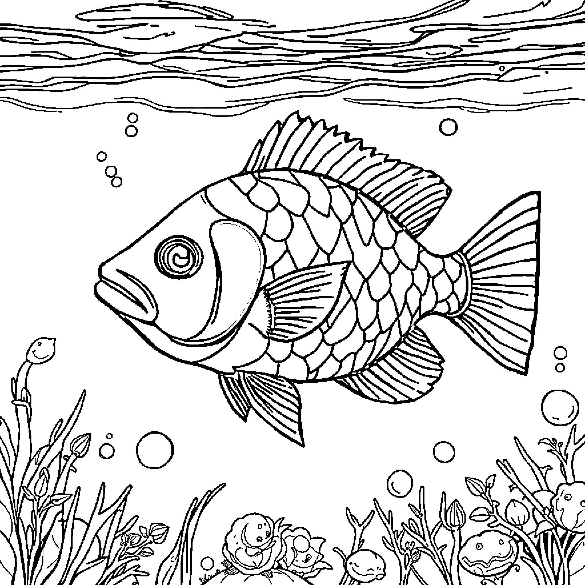 Fish swimming gracefully in the underwater scene Coloring Page (free black-and-white line drawing printable PDF for all, from beginners to advanced learners, including children, teens, adults, and seniors)