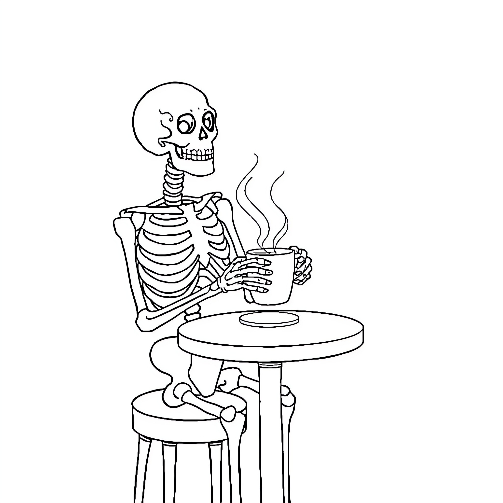 Skeleton enjoying a hot beverage Coloring Page (free black-and-white line drawing printable PDF for all, from beginners to advanced learners, including children, teens, adults, and seniors)