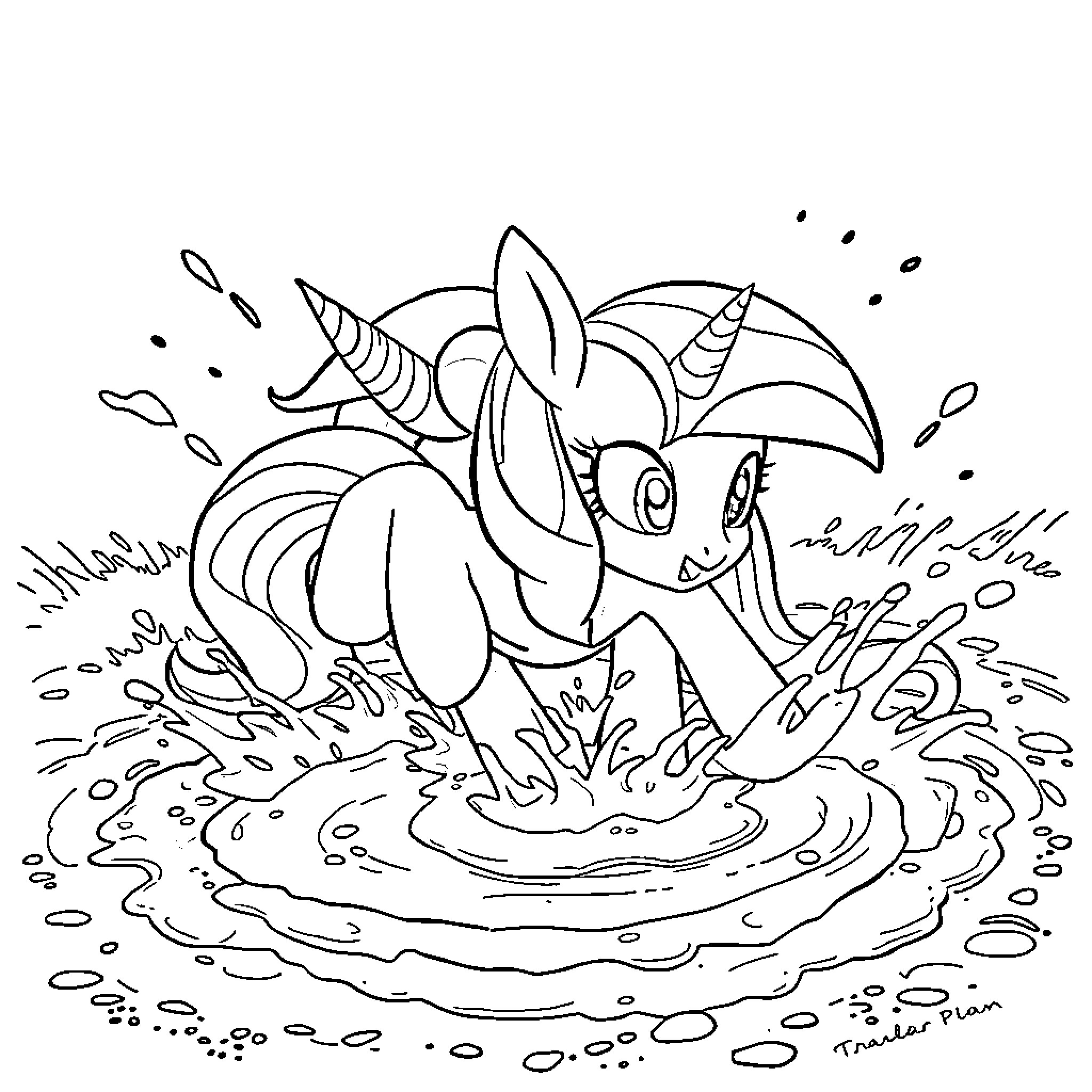 Twilight Sparkle playing in magical puddles Coloring Page (free black-and-white line drawing printable PDF for all, from beginners to advanced learners, including children, teens, adults, and seniors)