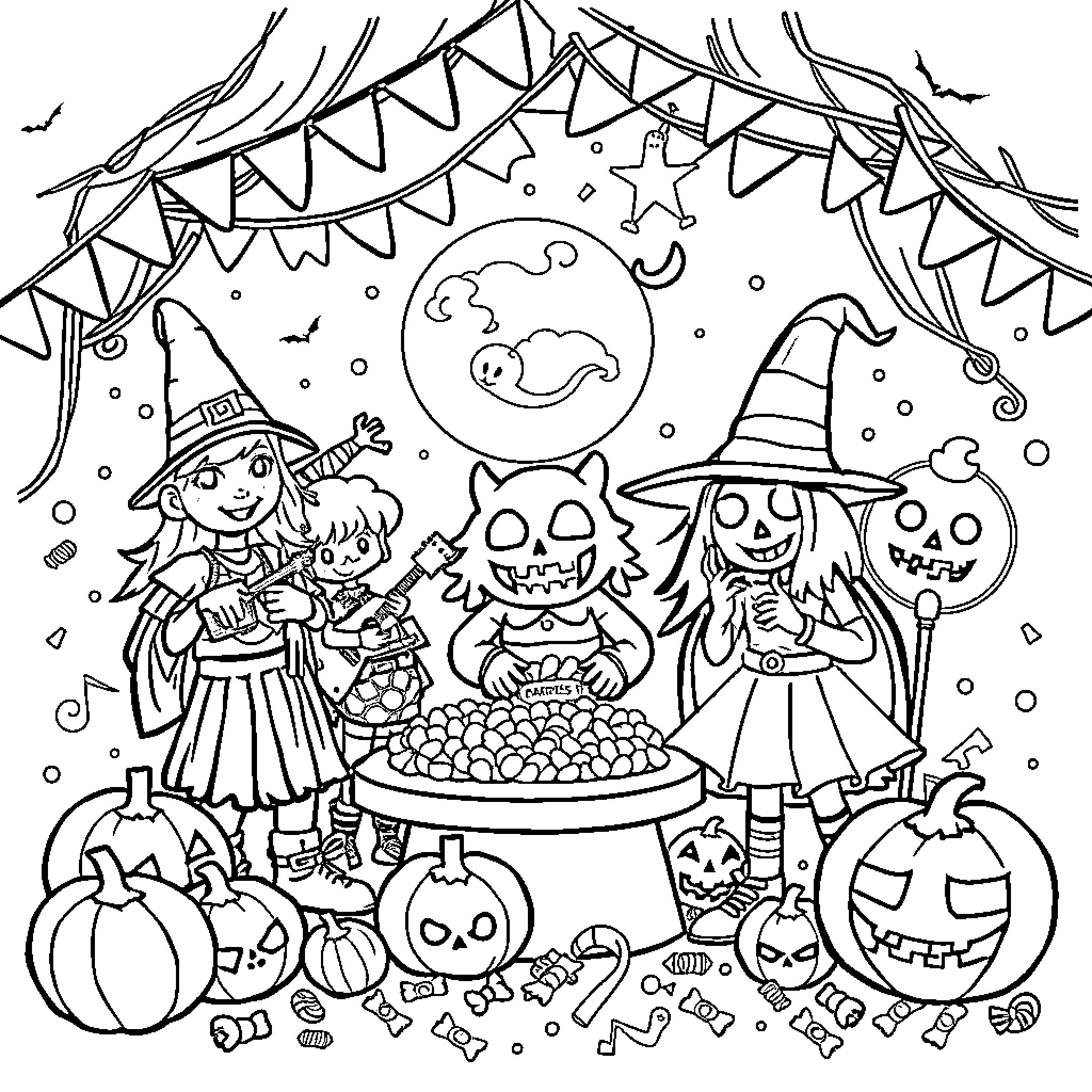 Halloween celebration with trick-or-treating children Coloring Page (free black-and-white line drawing printable PDF for all, from beginners to advanced learners, including children, teens, adults, and seniors)