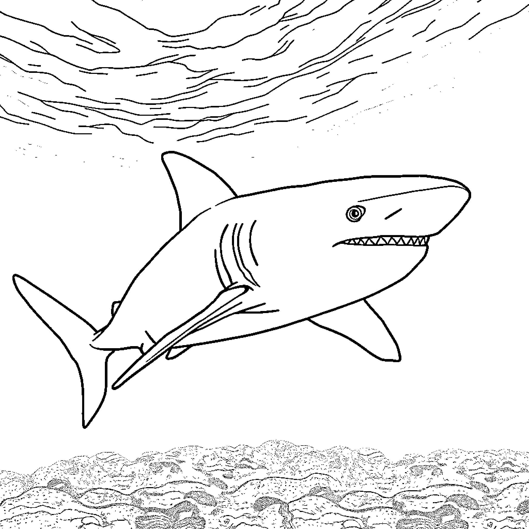 Hammerhead Shark swimming in the ocean Coloring Page (free black-and-white line drawing printable PDF for all, from beginners to advanced learners, including children, teens, adults, and seniors)