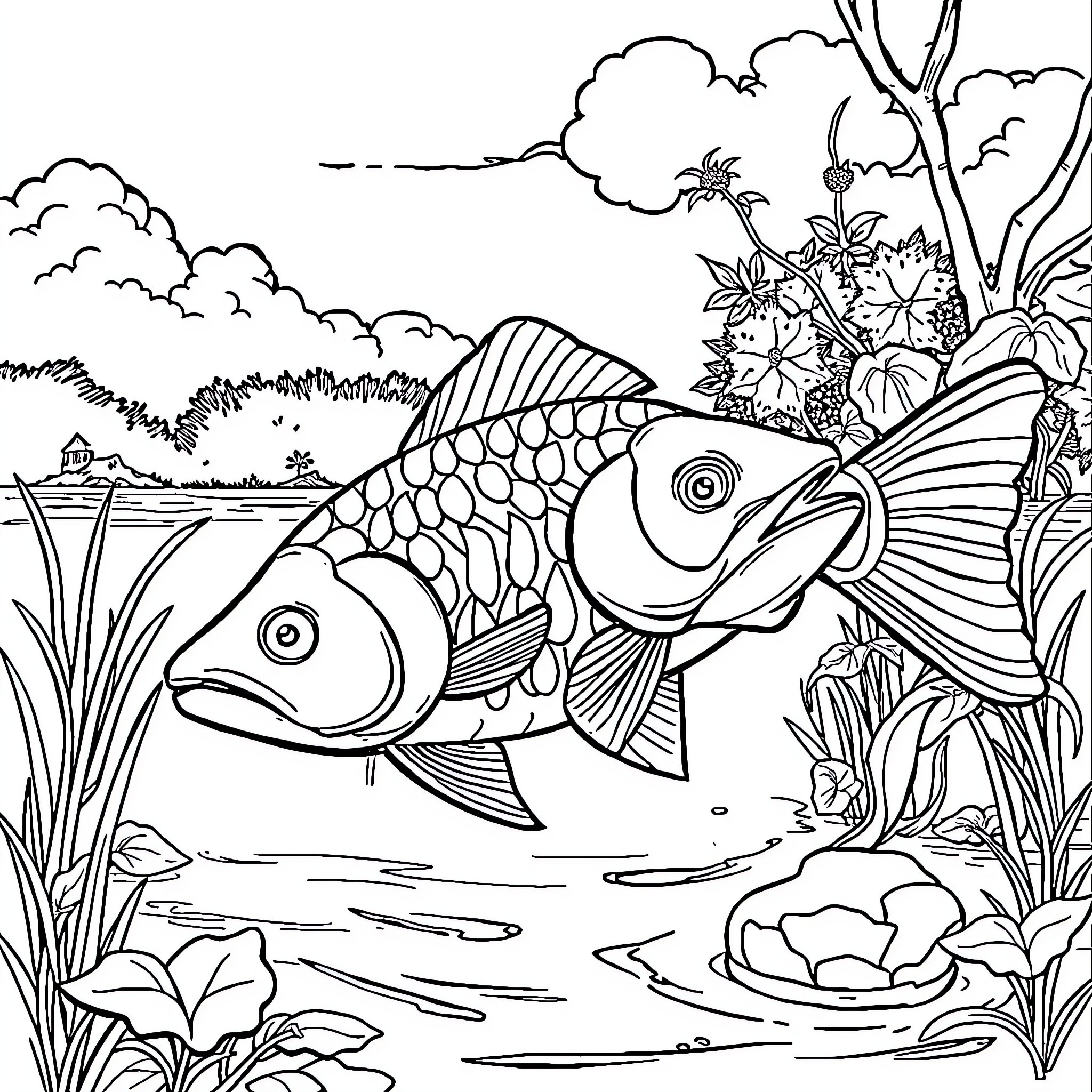 Bear Fish swimming in the pond Coloring Page (free black-and-white line drawing printable PDF for all, from beginners to advanced learners, including children, teens, adults, and seniors)
