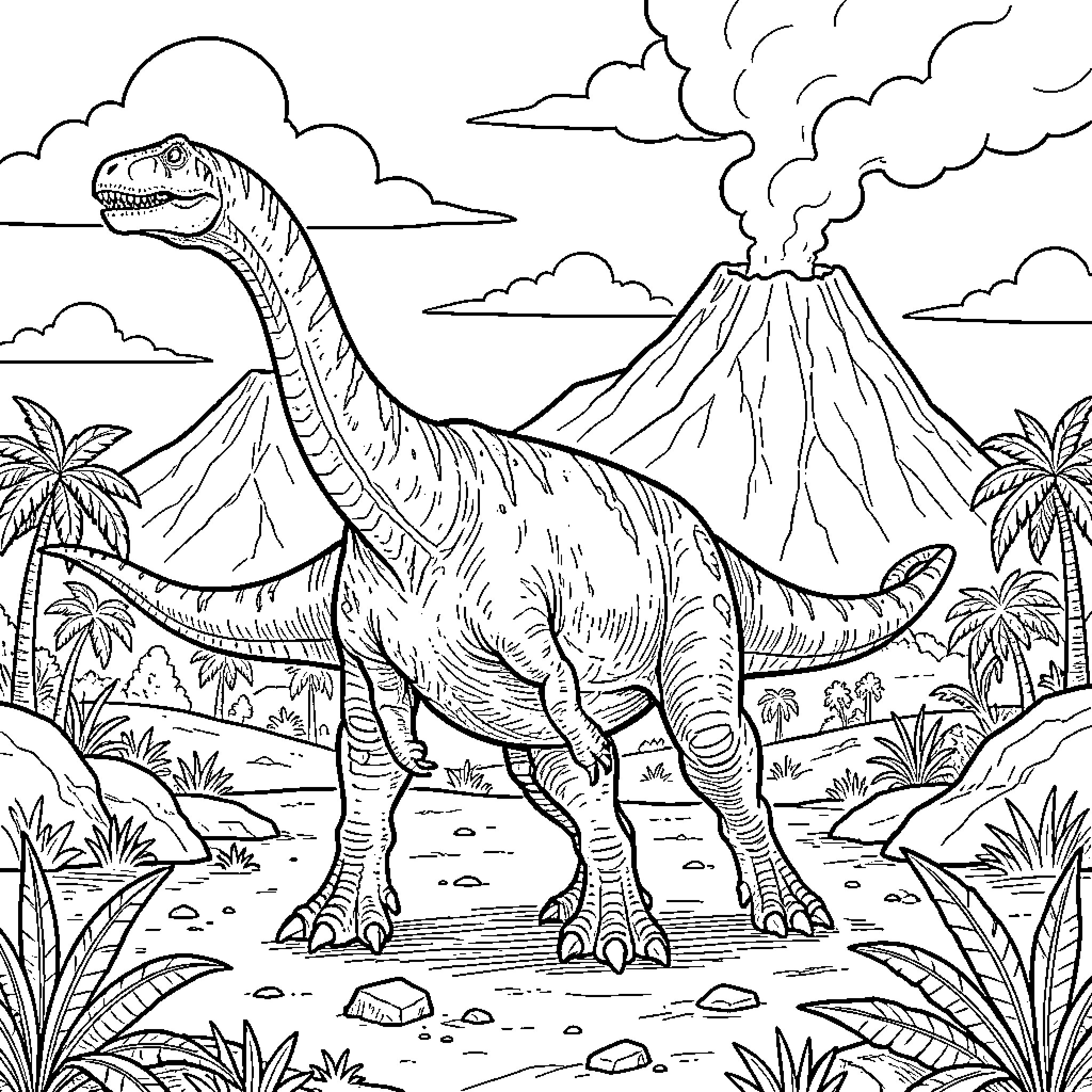 Dinosaur walking through a prehistoric landscape with a volcano Coloring Page (free black-and-white line drawing printable PDF for all, from beginners to advanced learners, including children, teens, adults, and seniors)