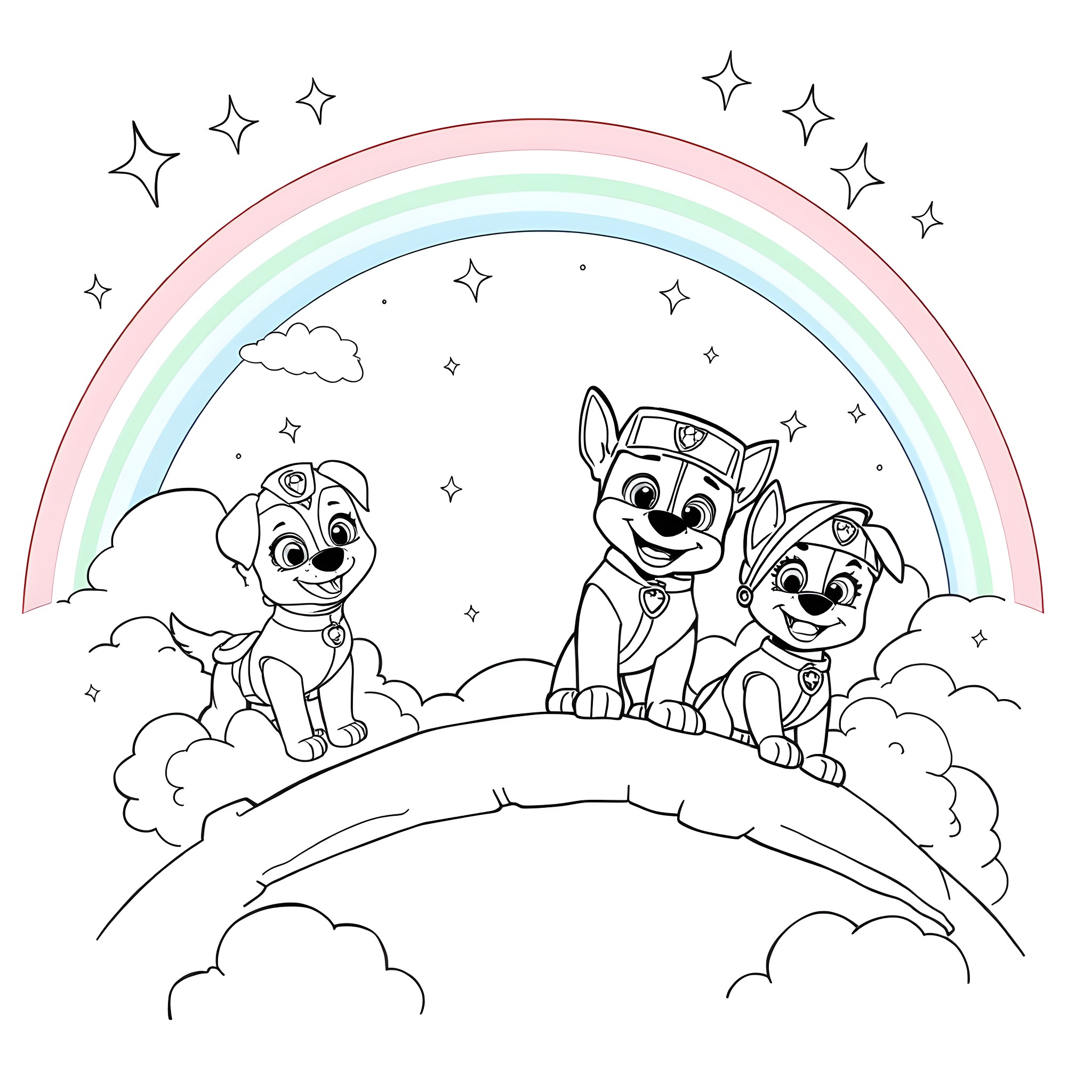 Pup friends enjoying the rainbow sky Coloring Page (free black-and-white line drawing printable PDF for all, from beginners to advanced learners, including children, teens, adults, and seniors)