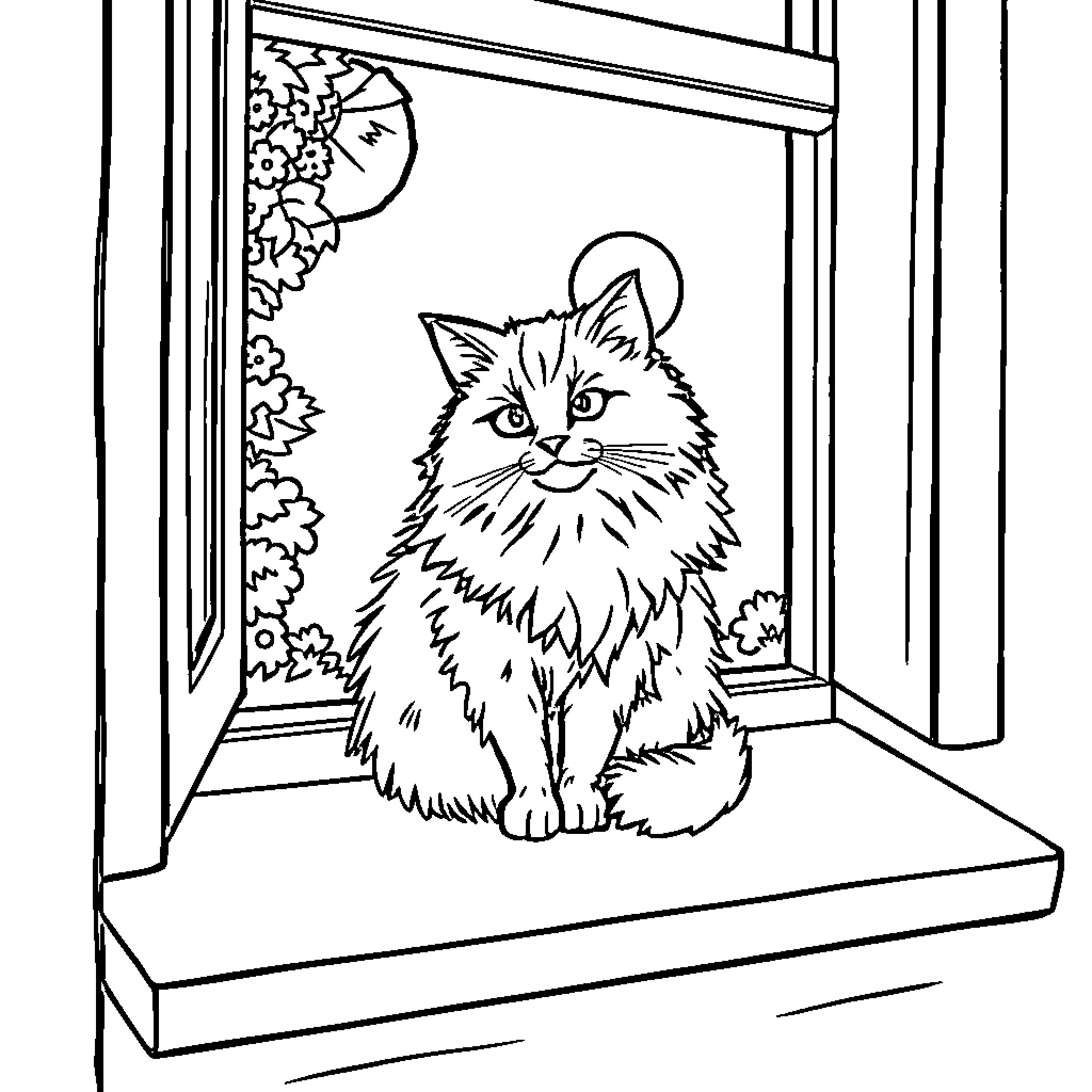 Cat sitting by the window Coloring Page (free black-and-white line drawing printable PDF for all, from beginners to advanced learners, including children, teens, adults, and seniors)