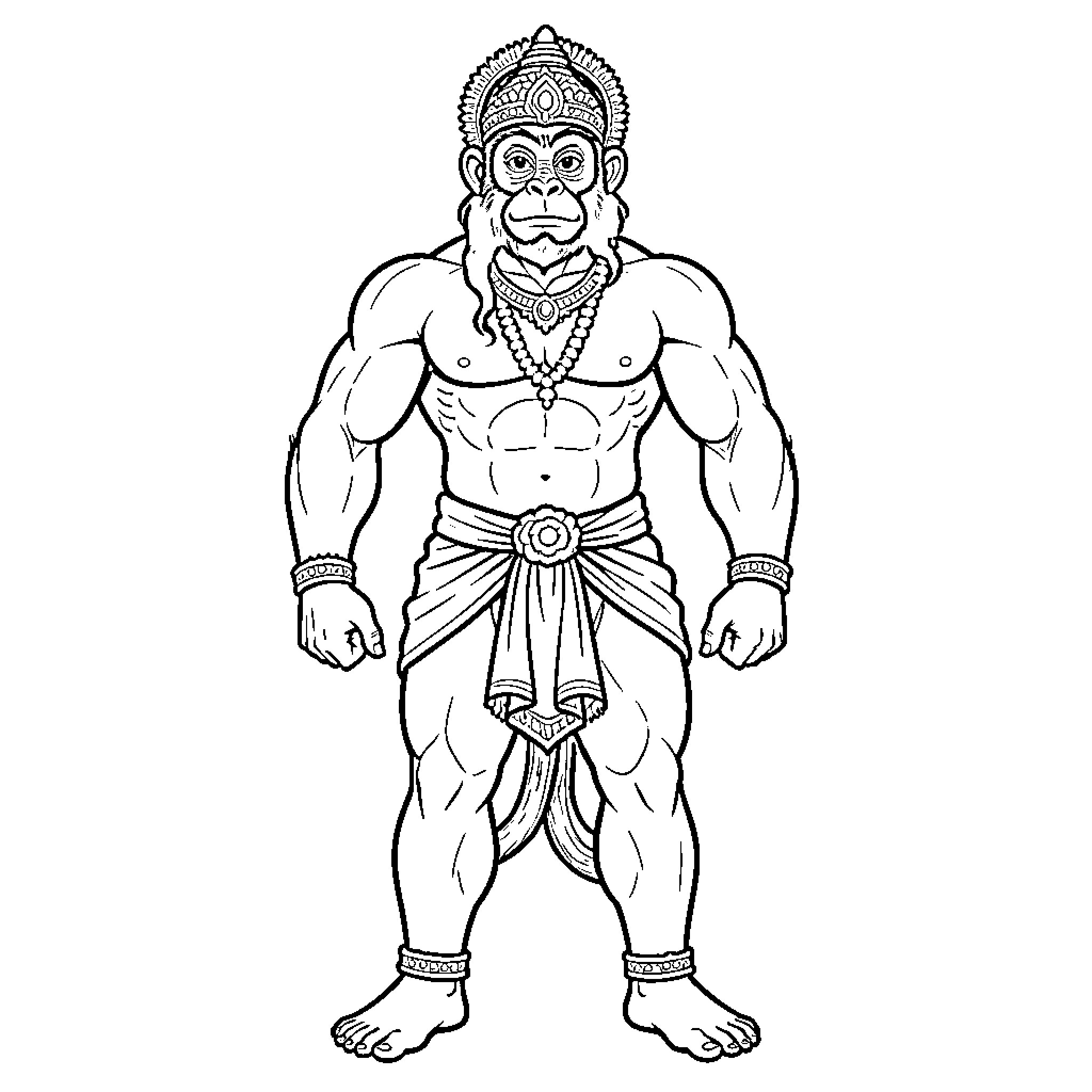 Hanuman standing powerfully in traditional divine attire Coloring Page (free black-and-white line drawing printable PDF for all, from beginners to advanced learners, including children, teens, adults, and seniors)