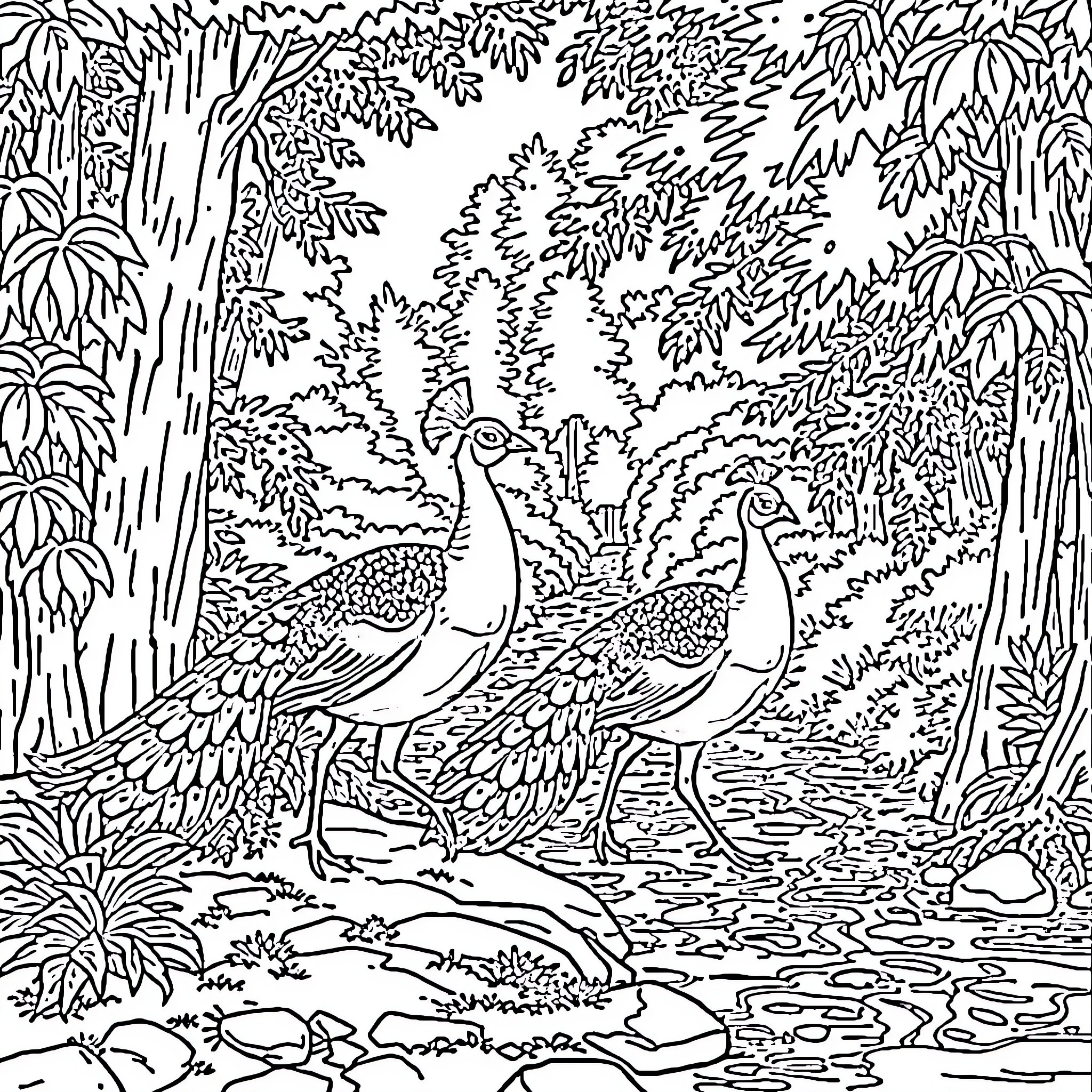 Peacocks in a Lush Jungle Setting Coloring Page (free black-and-white line drawing printable PDF for all, from beginners to advanced learners, including children, teens, adults, and seniors)