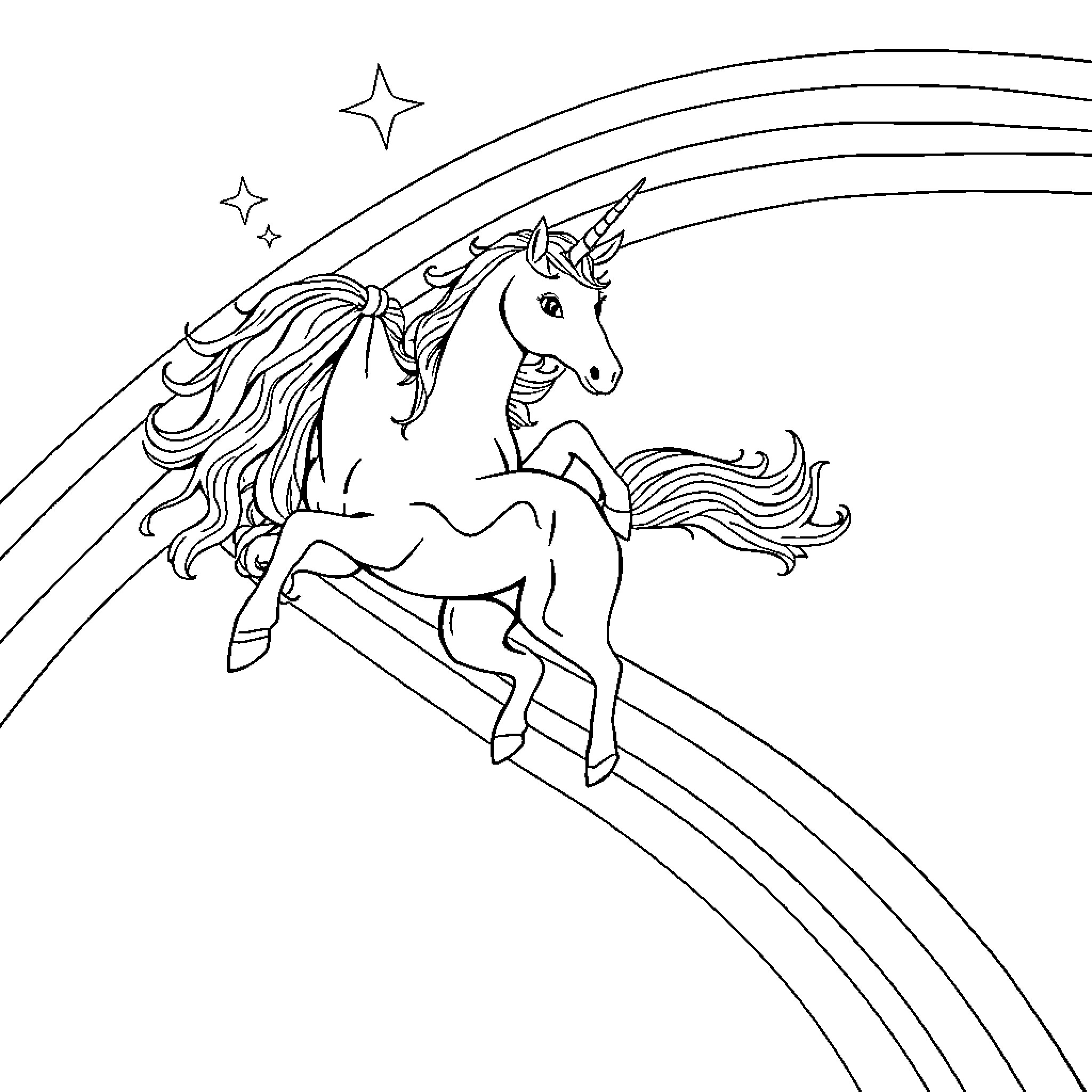 Unicorn galloping through a starry night sky Coloring Page (free black-and-white line drawing printable PDF for all, from beginners to advanced learners, including children, teens, adults, and seniors)