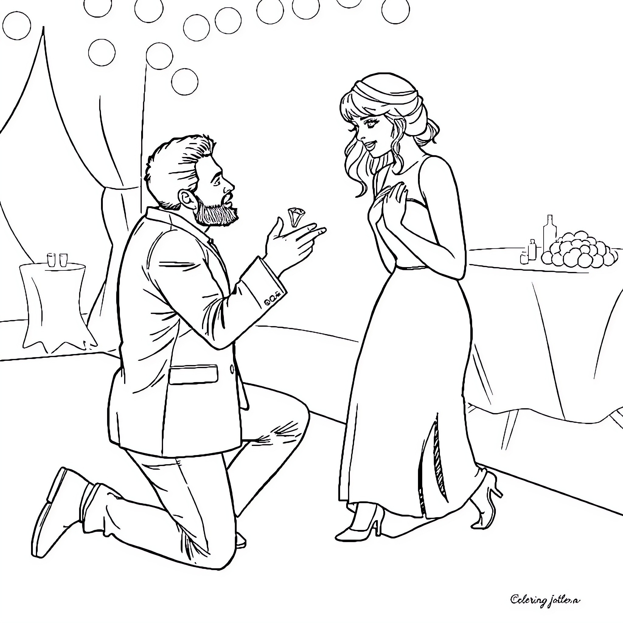 Travis Kelce proposing to his significant other Coloring Page (free black-and-white line drawing printable PDF for all, from beginners to advanced learners, including children, teens, adults, and seniors)