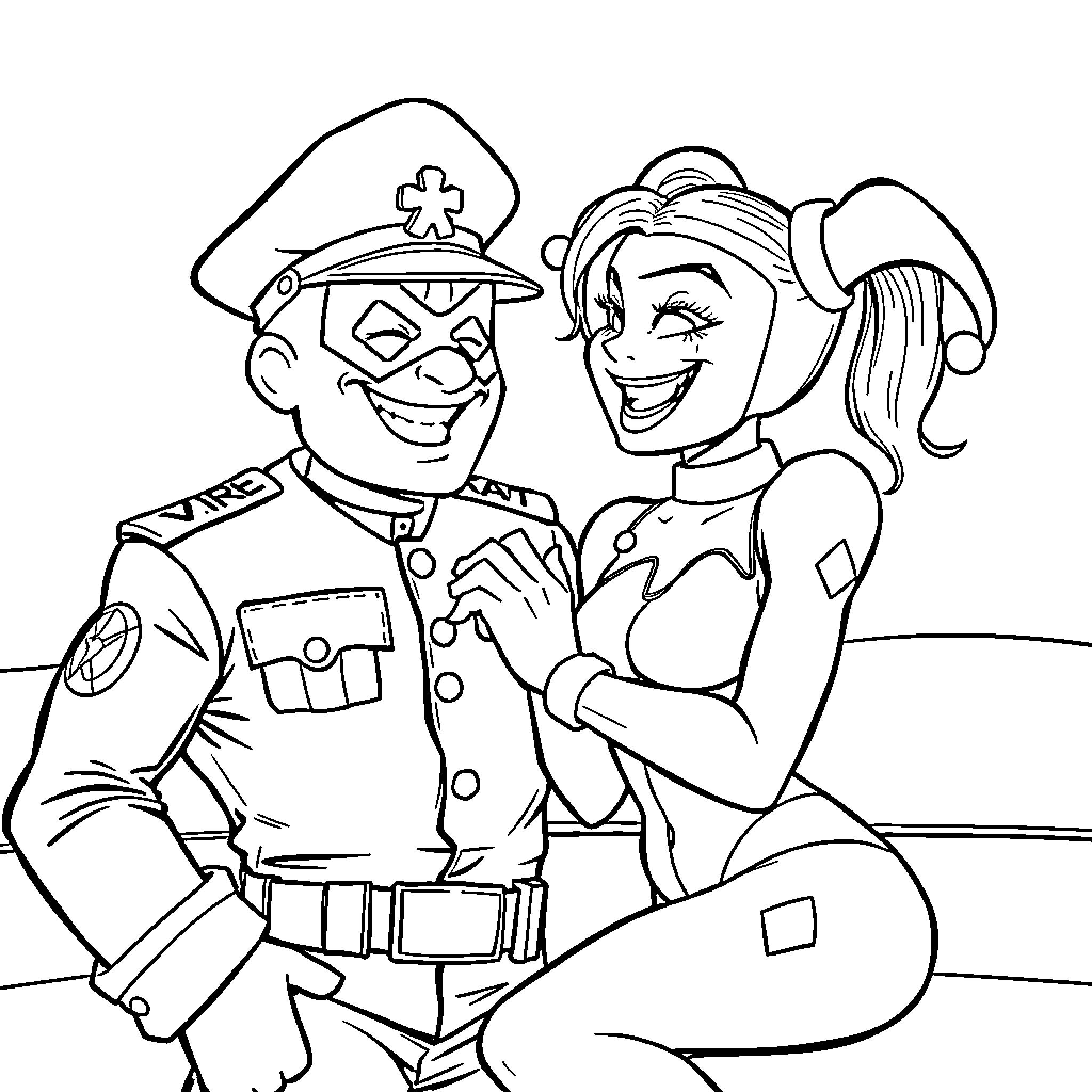 Captain Crunch Meets Playful Officer Coloring Page (free black-and-white line drawing printable PDF for all, from beginners to advanced learners, including children, teens, adults, and seniors)