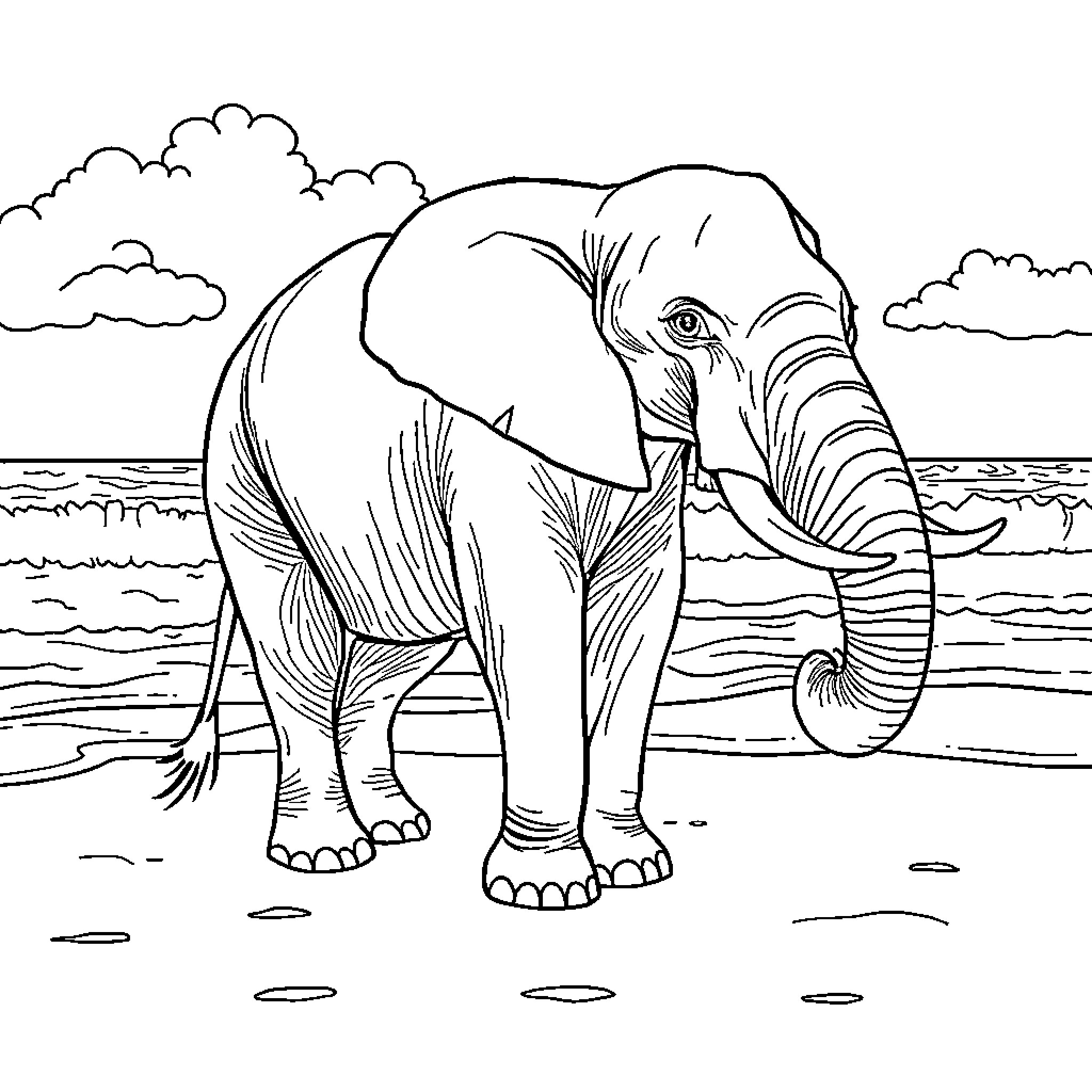 Elephant Wading Through Shallow Waters Coloring Page (free black-and-white line drawing printable PDF for all, from beginners to advanced learners, including children, teens, adults, and seniors)