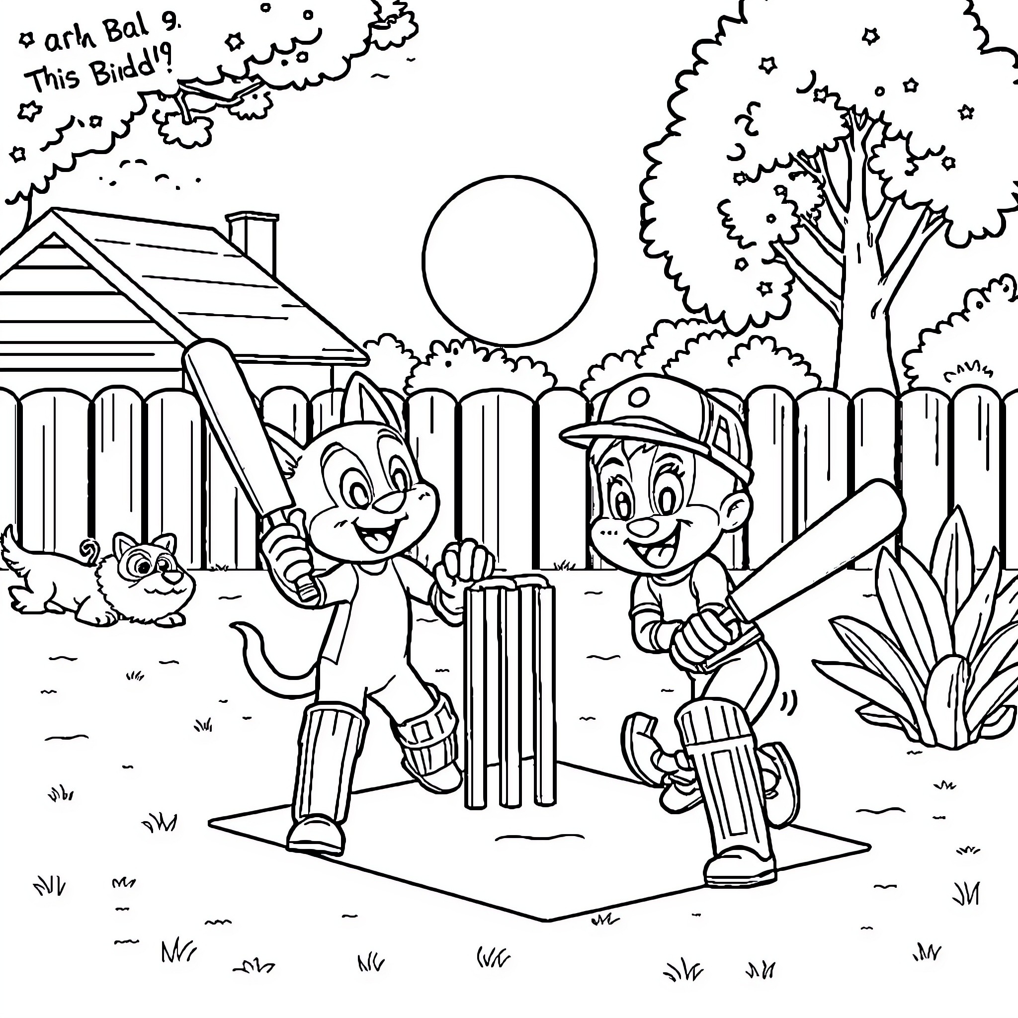 Bluey and friends playing cricket in the backyard Coloring Page (free black-and-white line drawing printable PDF for all, from beginners to advanced learners, including children, teens, adults, and seniors)