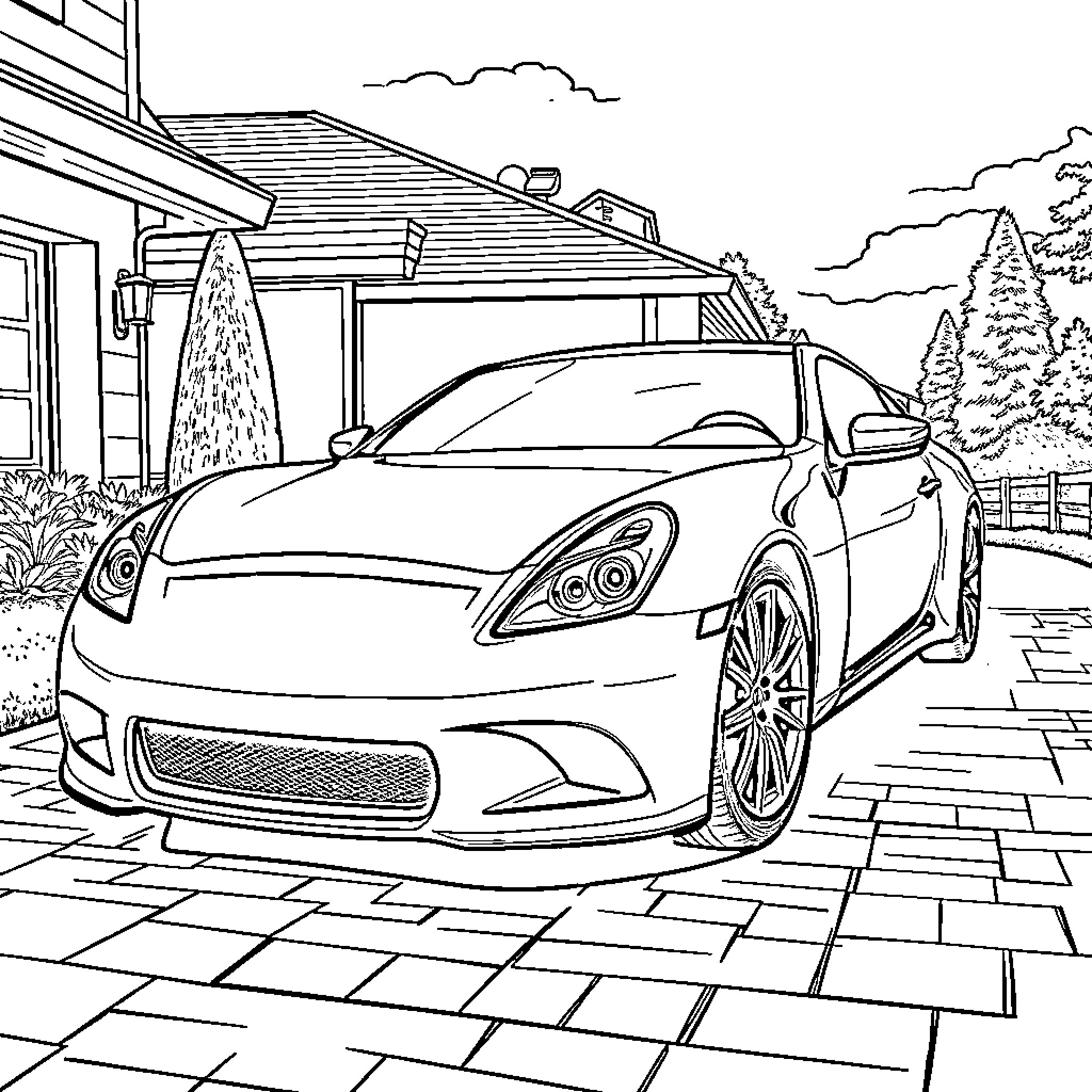 Infiniti sports car in a rural setting Coloring Page (free black-and-white line drawing printable PDF for all, from beginners to advanced learners, including children, teens, adults, and seniors)