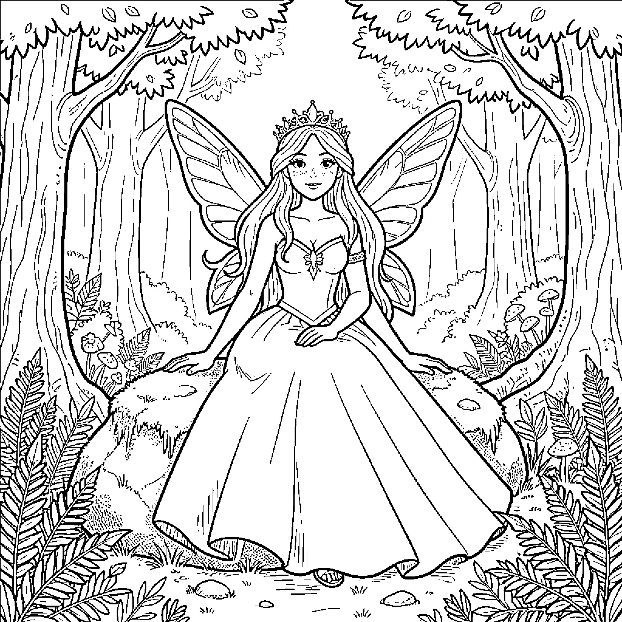Fairy wearing a crown sitting in a forest Coloring Page (free black-and-white line drawing printable PDF for all, from beginners to advanced learners, including children, teens, adults, and seniors)