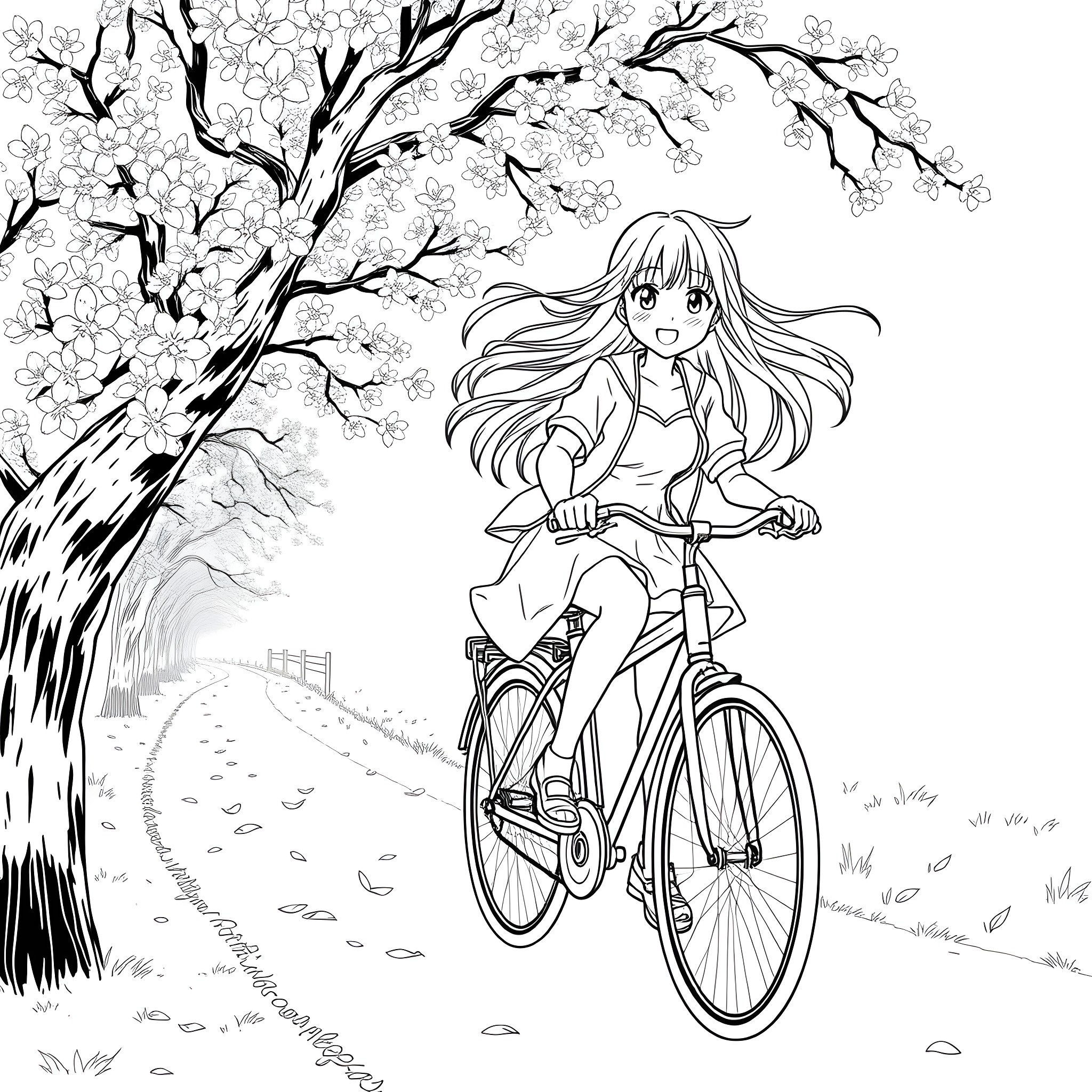 Anime Girl Riding Bicycle Under Blooming Cherry Blossom Tree Coloring Page (free black-and-white line drawing printable PDF for all, from beginners to advanced learners, including children, teens, adults, and seniors)