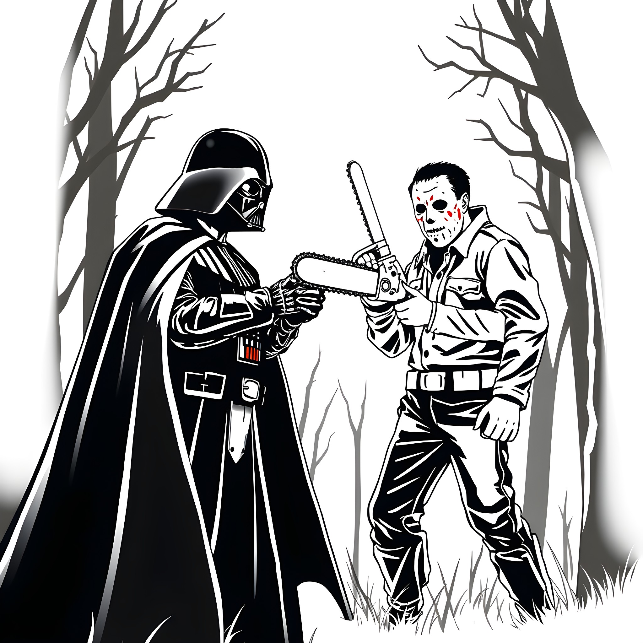 Darth Vader confronts a fearless stranger in the dark forest Coloring Page (free black-and-white line drawing printable PDF for all, from beginners to advanced learners, including children, teens, adults, and seniors)