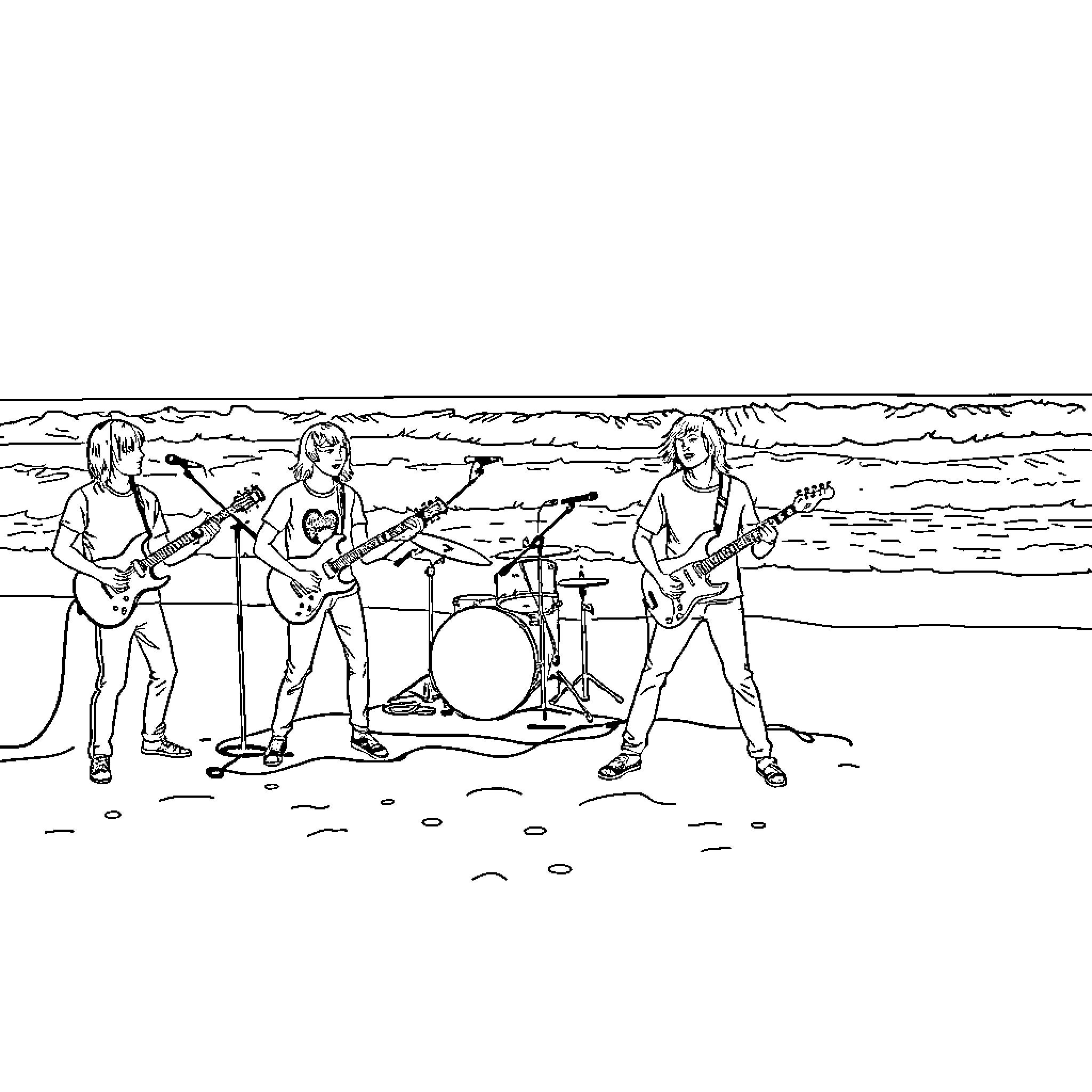 Nirvana band performing on the beach Coloring Page (free black-and-white line drawing printable PDF for all, from beginners to advanced learners, including children, teens, adults, and seniors)