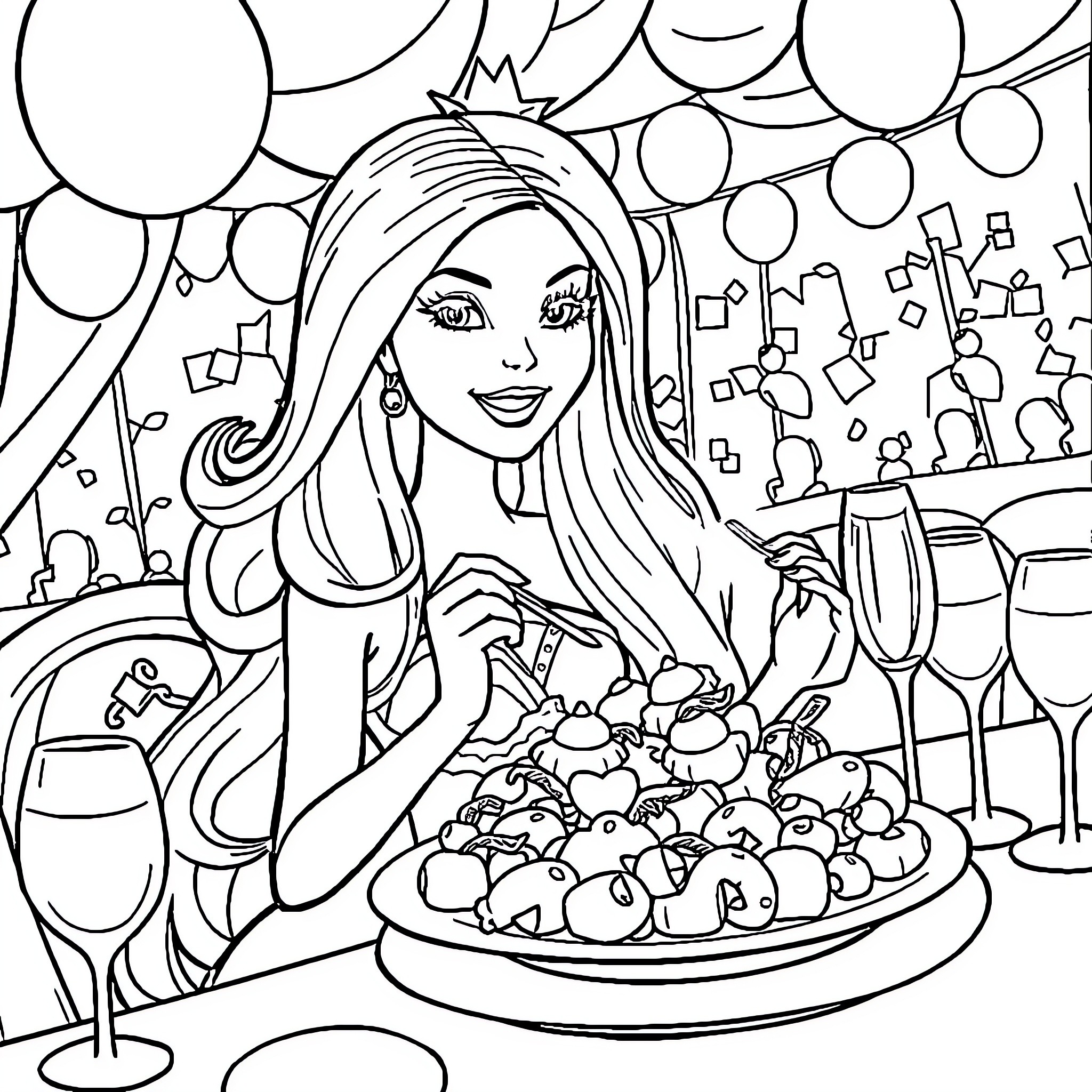Barbie hosting a party with food and drinks Coloring Page (free black-and-white line drawing printable PDF for all, from beginners to advanced learners, including children, teens, adults, and seniors)