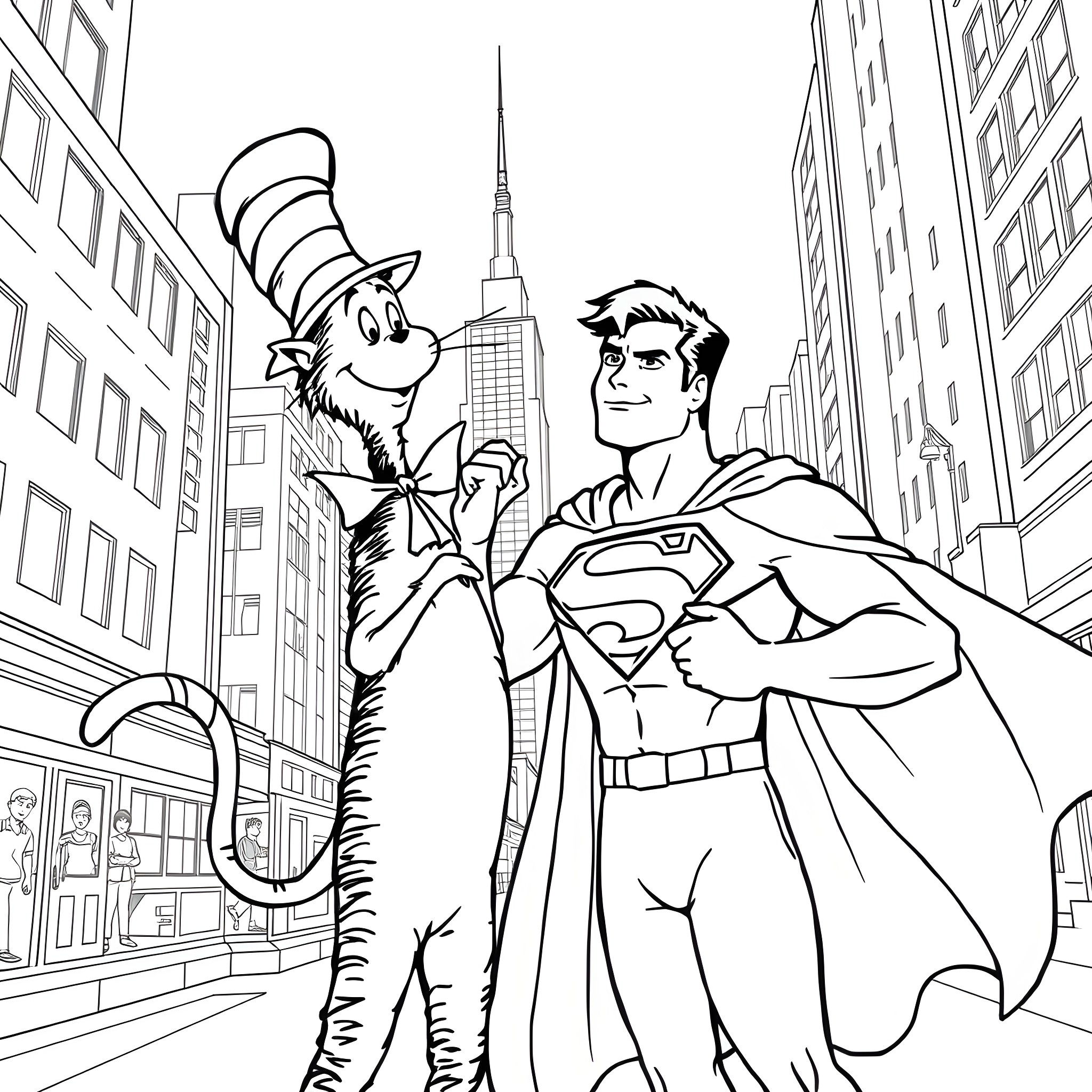 Cat and Superhero in the City Coloring Page (free black-and-white line drawing printable PDF for all, from beginners to advanced learners, including children, teens, adults, and seniors)