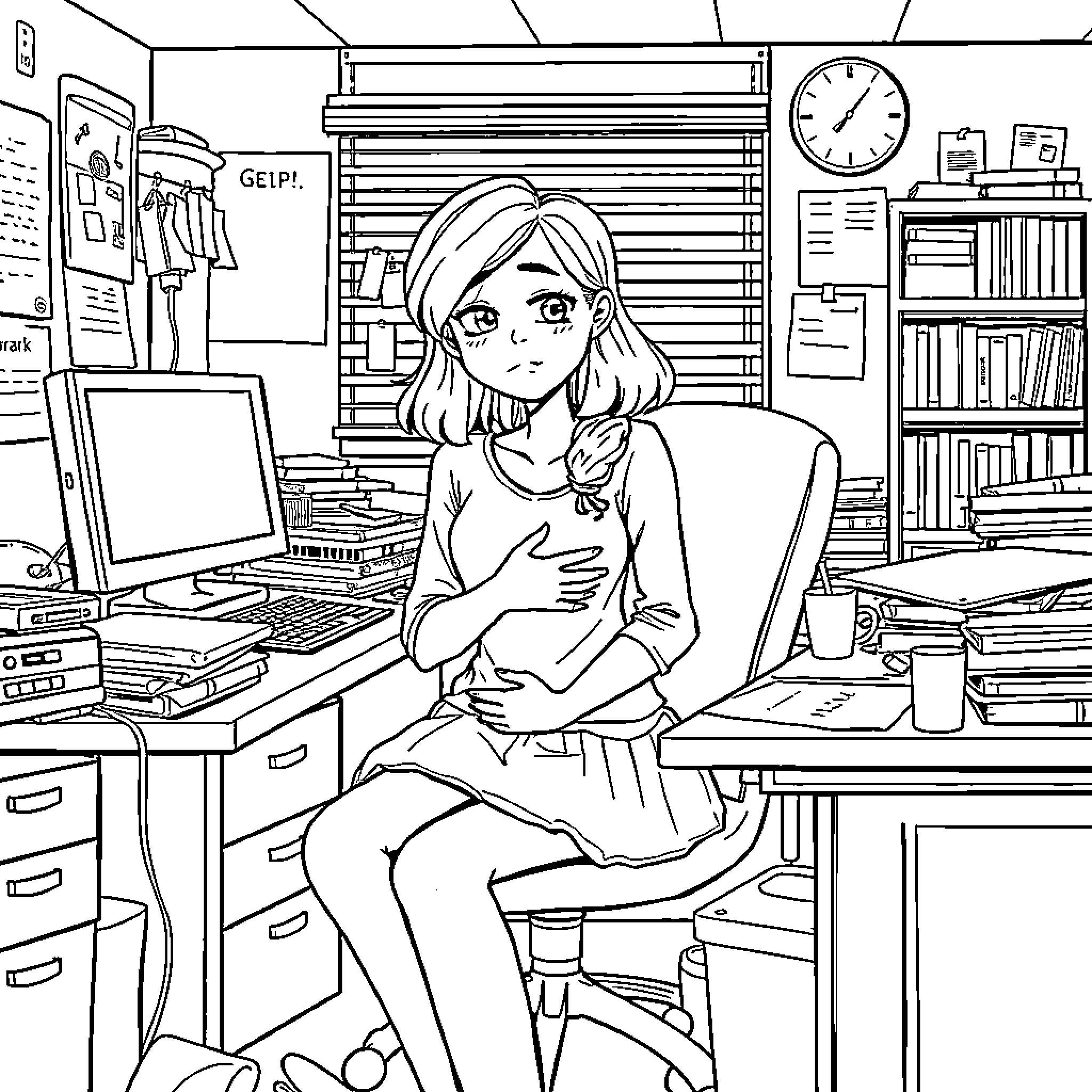 Girl working diligently in her cluttered office Coloring Page (free black-and-white line drawing printable PDF for all, from beginners to advanced learners, including children, teens, adults, and seniors)