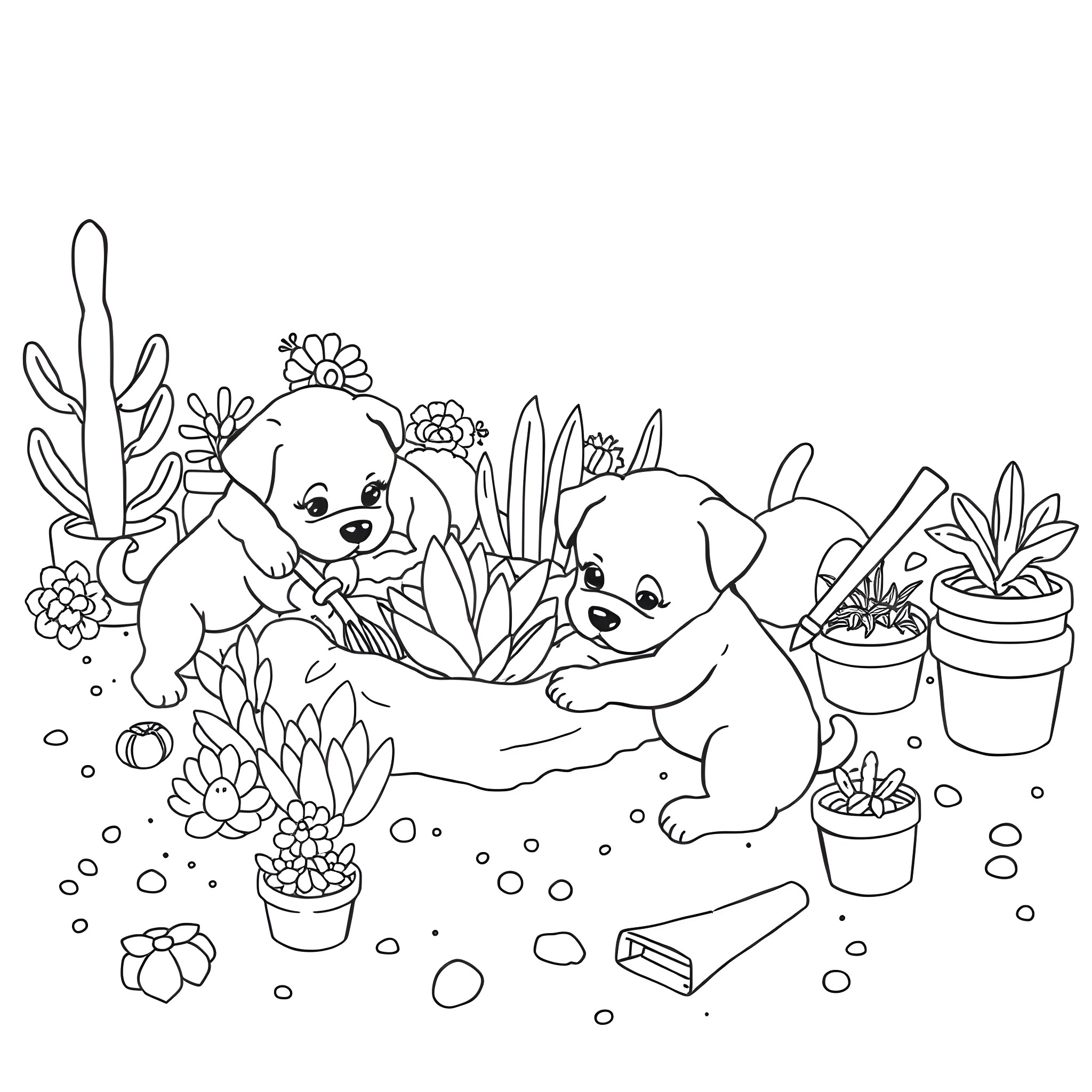 Puppy friends exploring a garden of plants and flowers Coloring Page (free black-and-white line drawing printable PDF for all, from beginners to advanced learners, including children, teens, adults, and seniors)