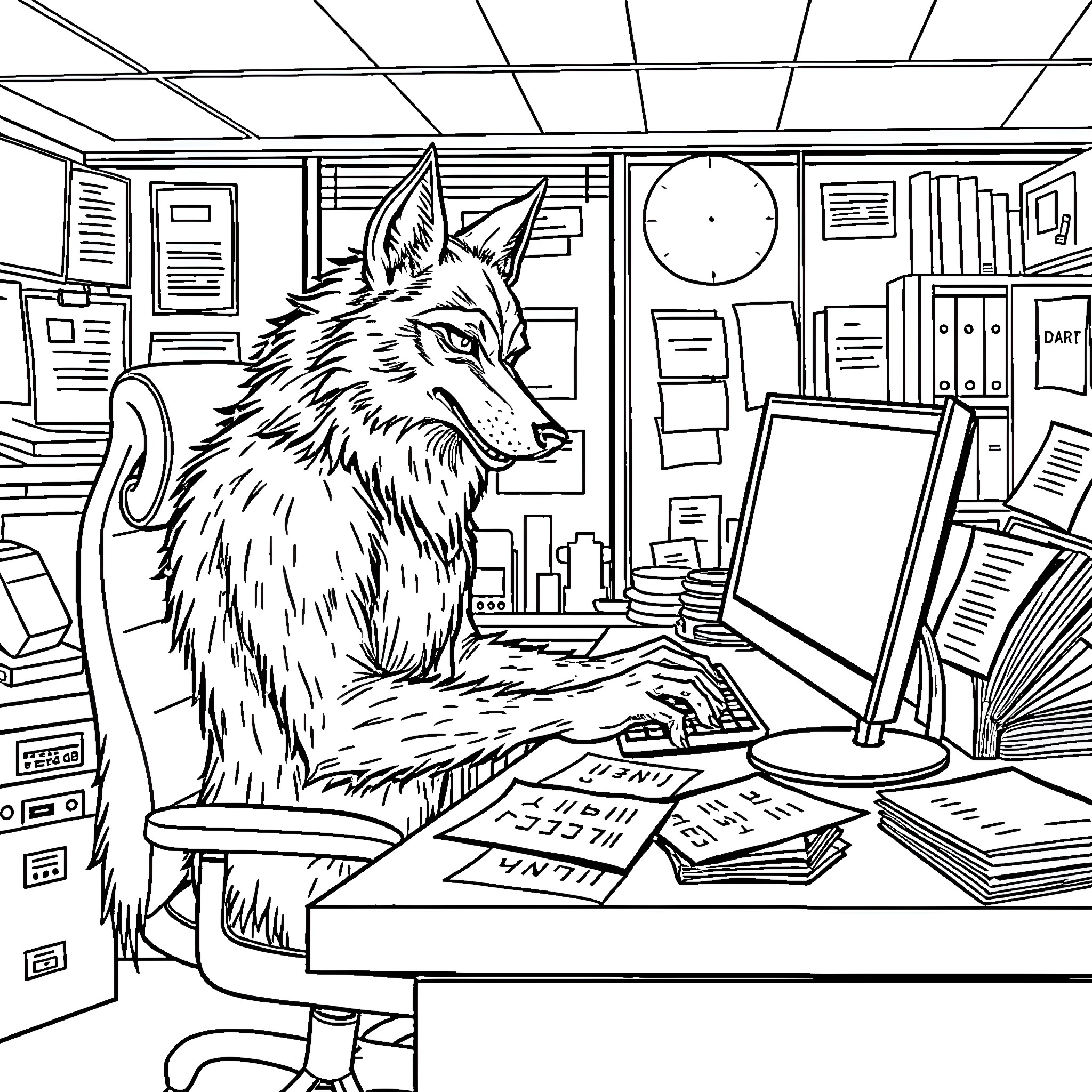 Werewolf Working Diligently in Cluttered Office Coloring Page (free black-and-white line drawing printable PDF for all, from beginners to advanced learners, including children, teens, adults, and seniors)