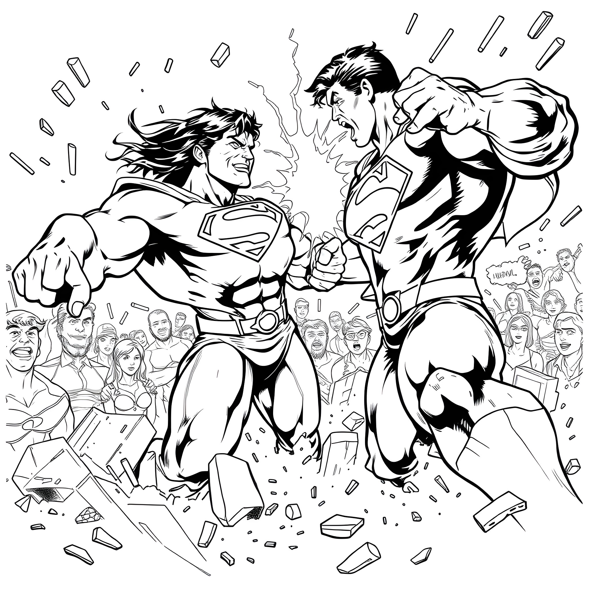 Superman clashing in epic battle with powerful villain Coloring Page (free black-and-white line drawing printable PDF for all, from beginners to advanced learners, including children, teens, adults, and seniors)