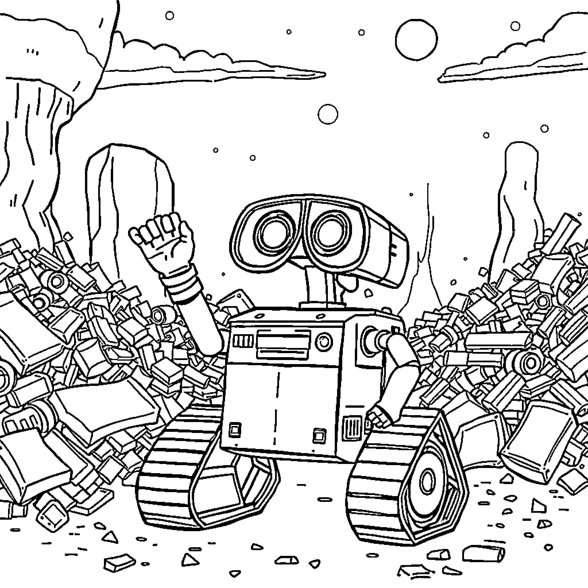 Wall-E exploring a ruined landscape Coloring Page (free black-and-white line drawing printable PDF for all, from beginners to advanced learners, including children, teens, adults, and seniors)