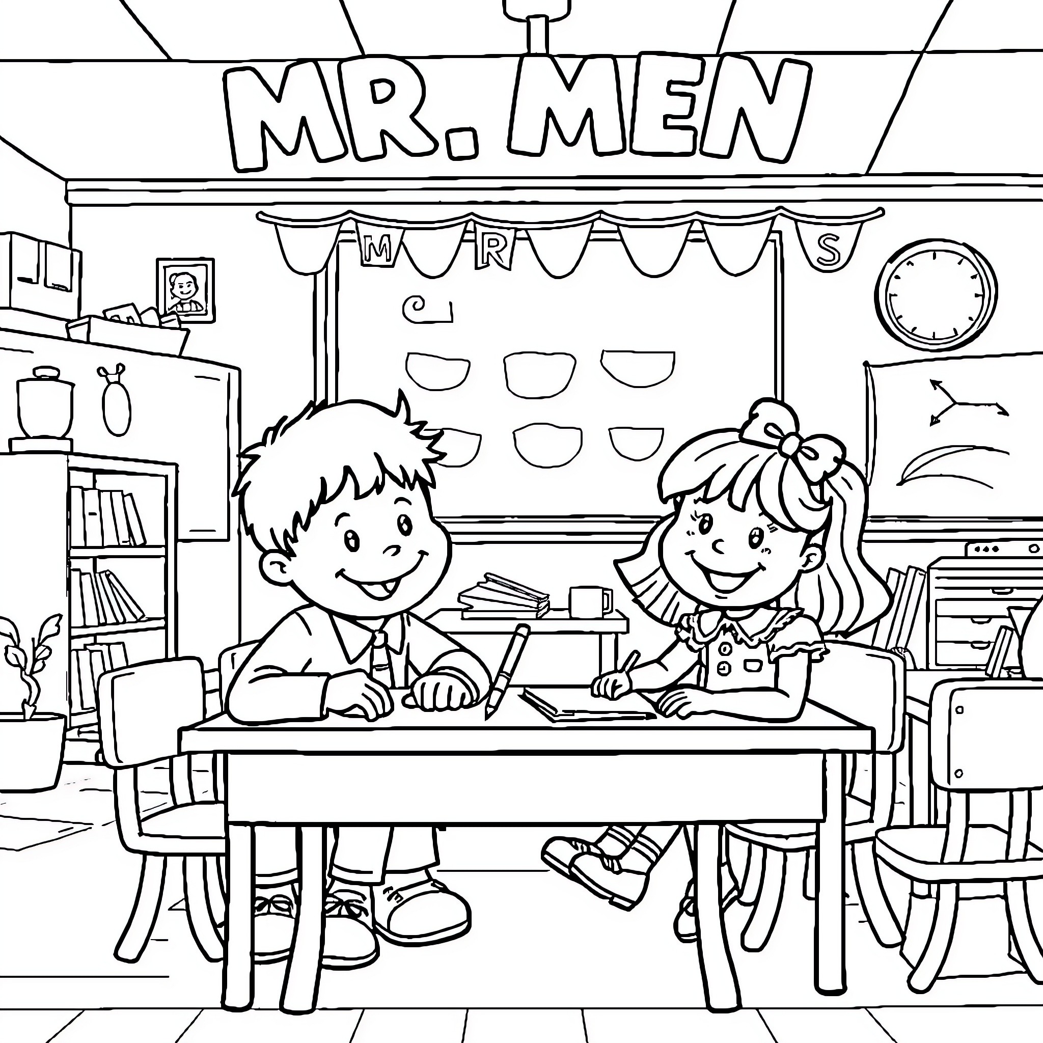 Mr. Men and Little Misses in a Classroom Setting Coloring Page (free black-and-white line drawing printable PDF for all, from beginners to advanced learners, including children, teens, adults, and seniors)