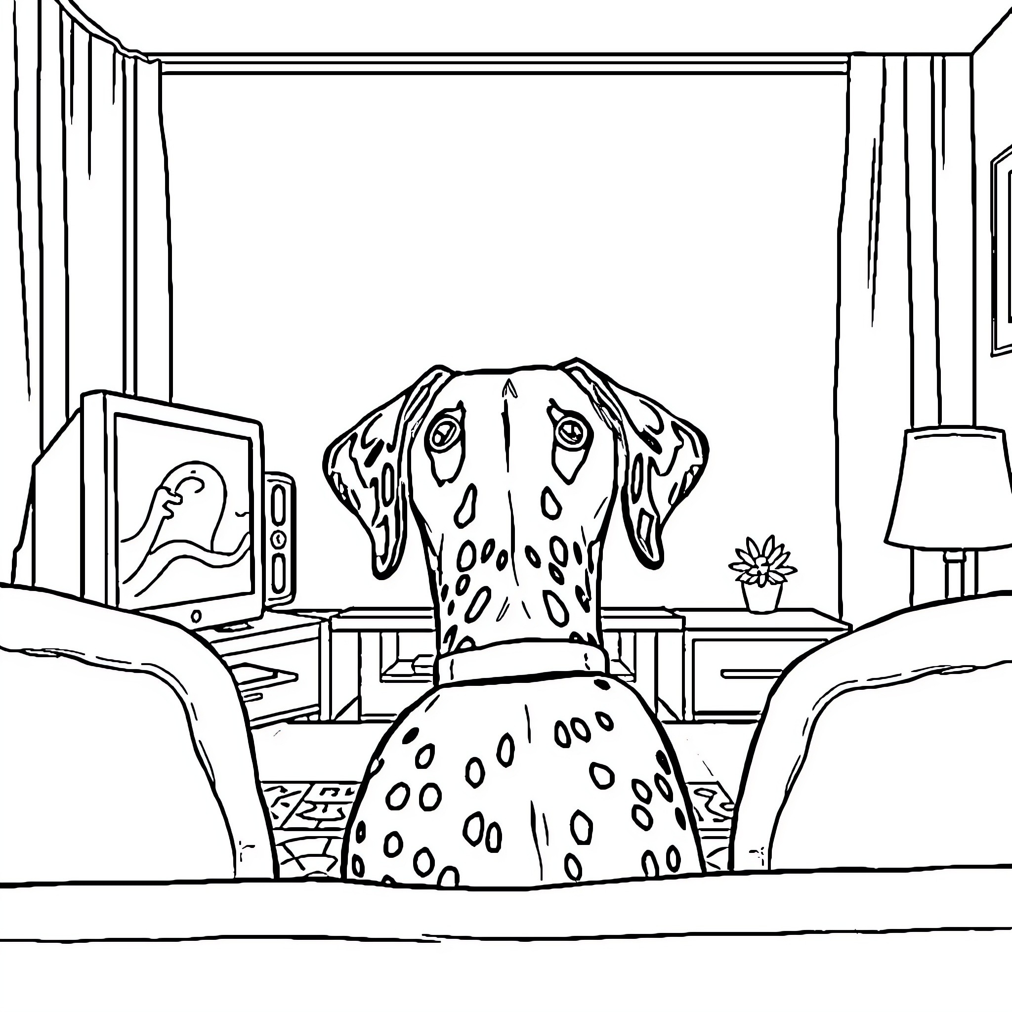 Dalmatian relaxing on the couch Coloring Page (free black-and-white line drawing printable PDF for all, from beginners to advanced learners, including children, teens, adults, and seniors)