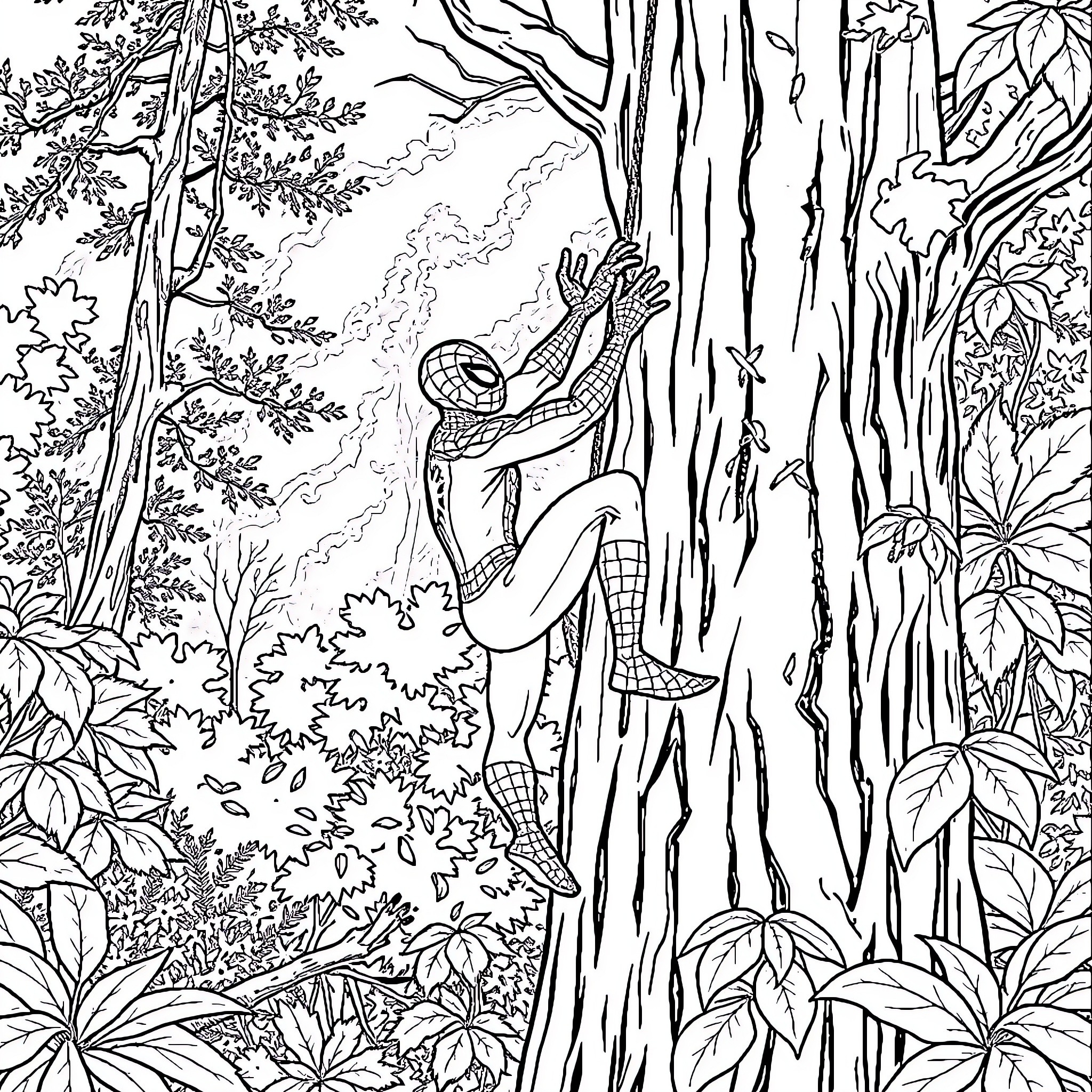Spiderman swinging through the lush forest Coloring Page (free black-and-white line drawing printable PDF for all, from beginners to advanced learners, including children, teens, adults, and seniors)