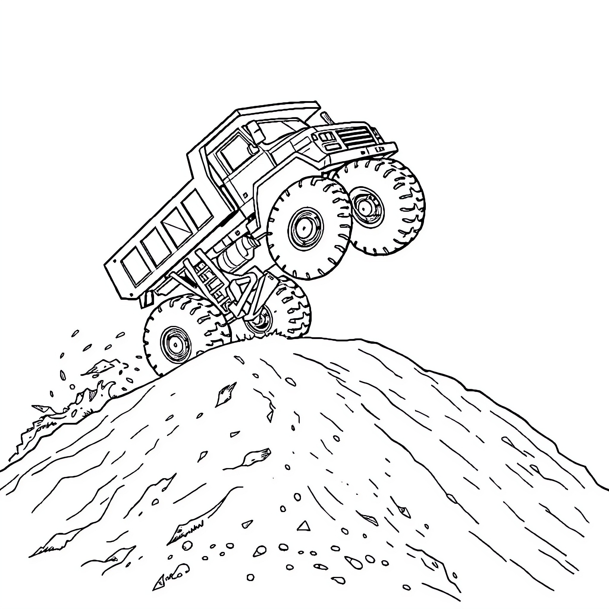 Dump Truck Ascending Steep Incline Coloring Page (free black-and-white line drawing printable PDF for all, from beginners to advanced learners, including children, teens, adults, and seniors)