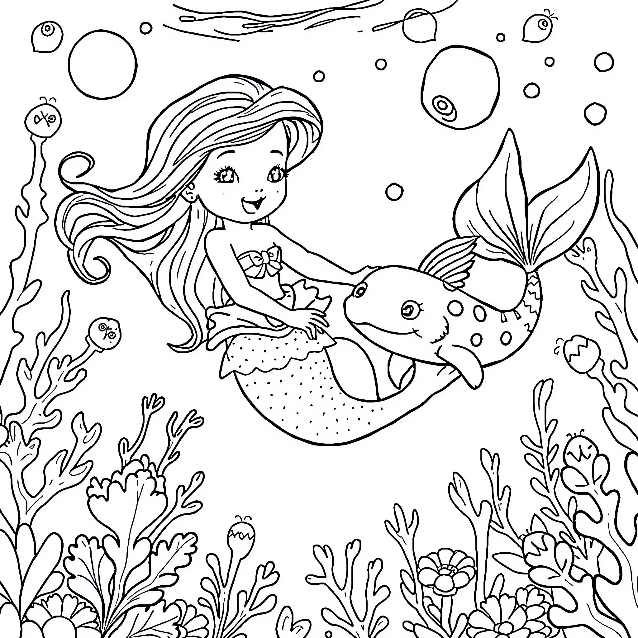 Mermaid playing with a fish in the underwater garden Coloring Page (free black-and-white line drawing printable PDF for all, from beginners to advanced learners, including children, teens, adults, and seniors)