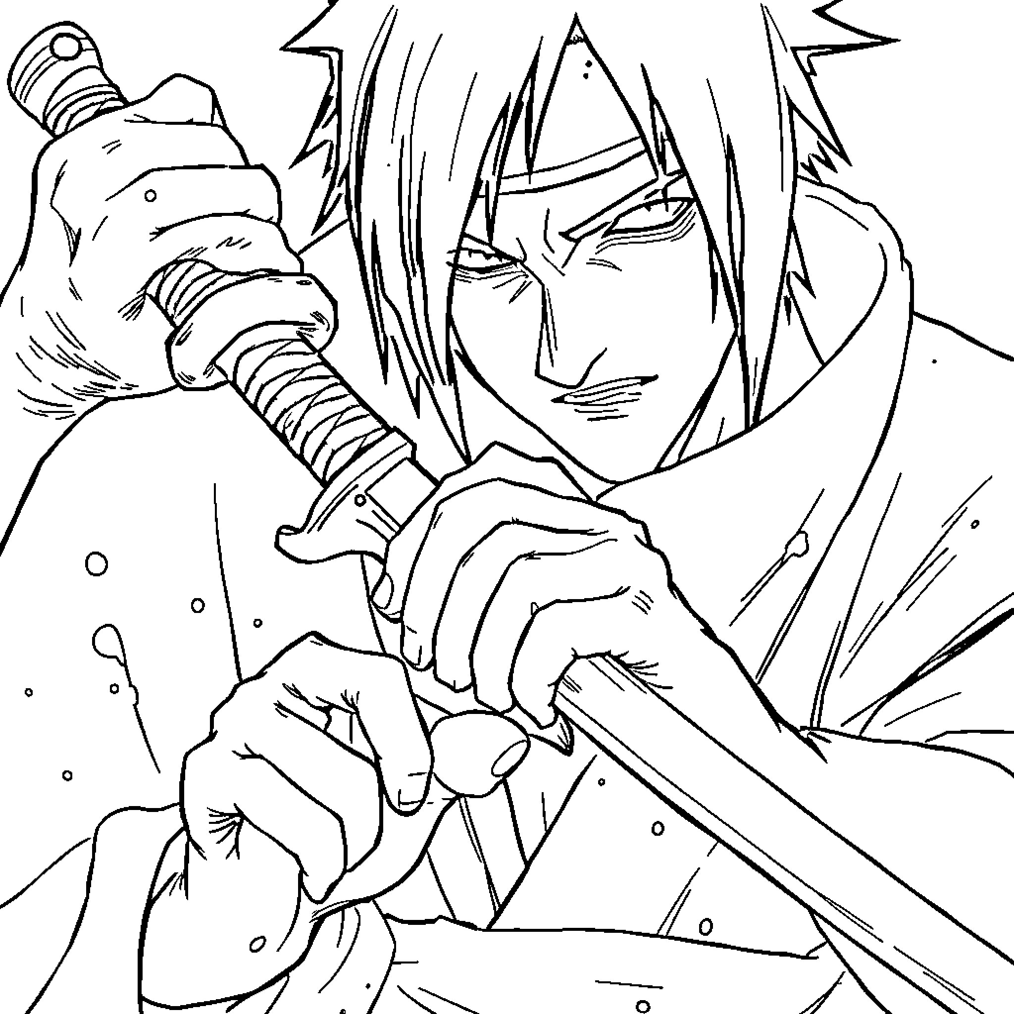 Susuke wielding sword in intense battle Coloring Page (free black-and-white line drawing printable PDF for all, from beginners to advanced learners, including children, teens, adults, and seniors)