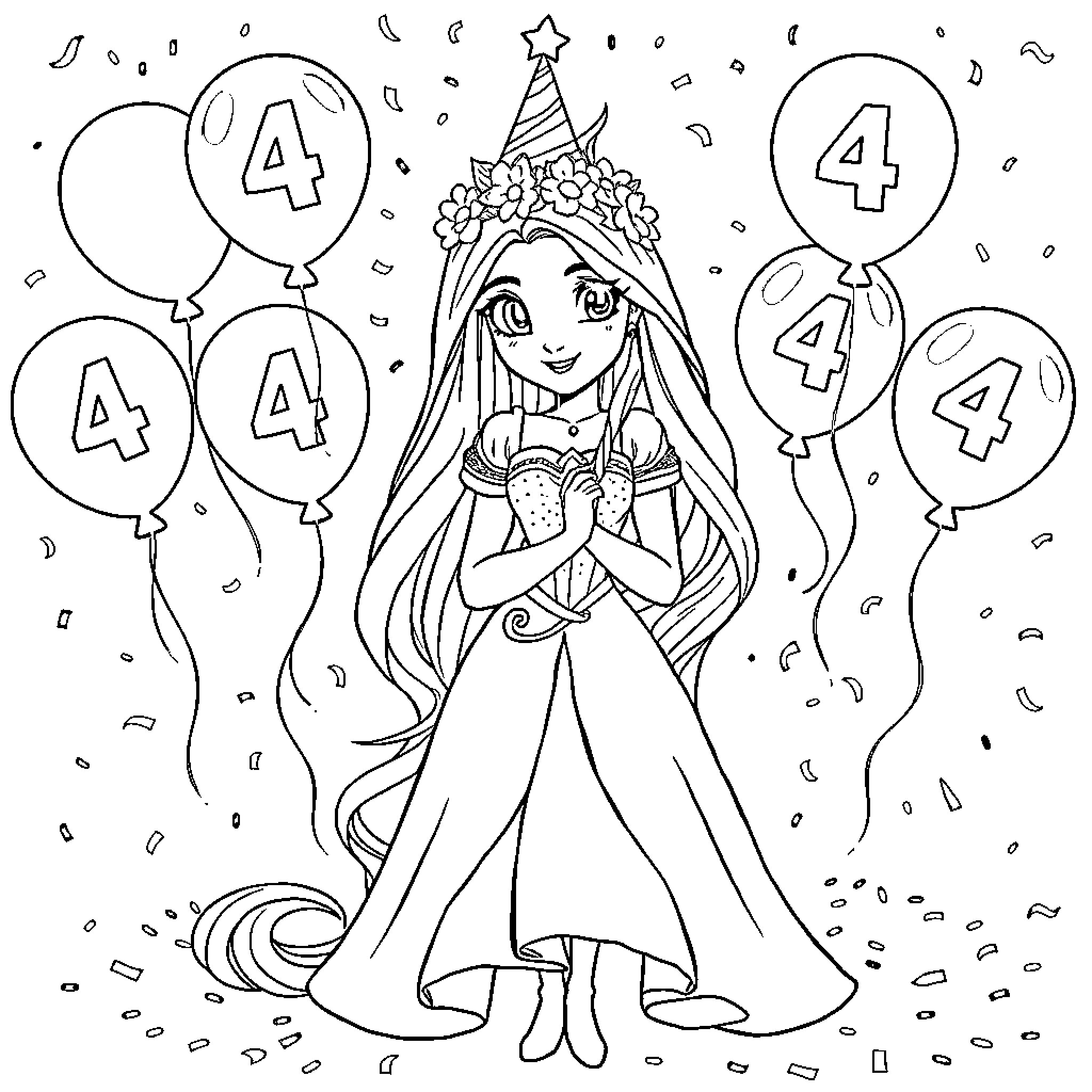 Rapunzel's Festive 4th Birthday Celebration Coloring Page (free black-and-white line drawing printable PDF for all, from beginners to advanced learners, including children, teens, adults, and seniors)