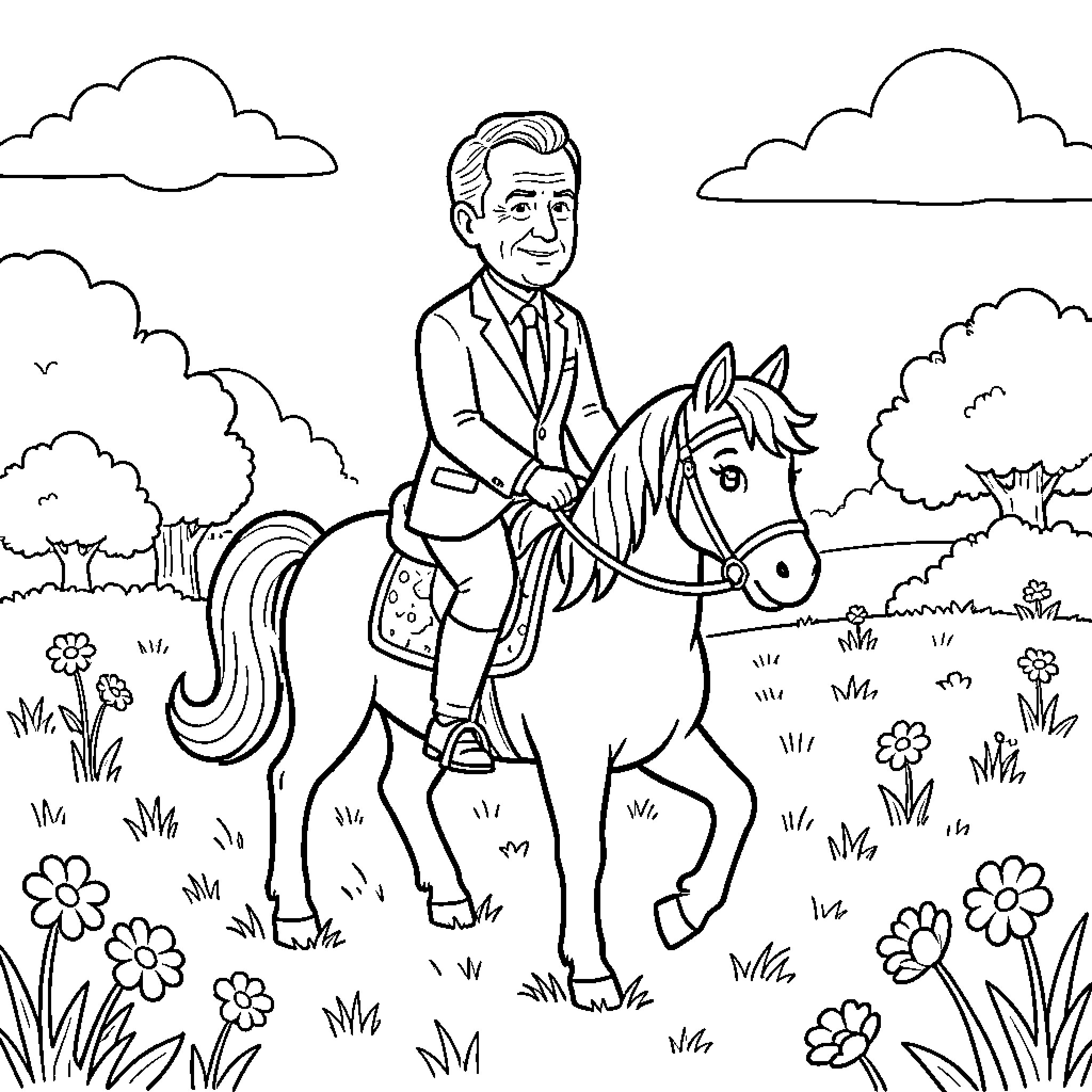 Macron riding a horse in a scenic countryside Coloring Page (free black-and-white line drawing printable PDF for all, from beginners to advanced learners, including children, teens, adults, and seniors)