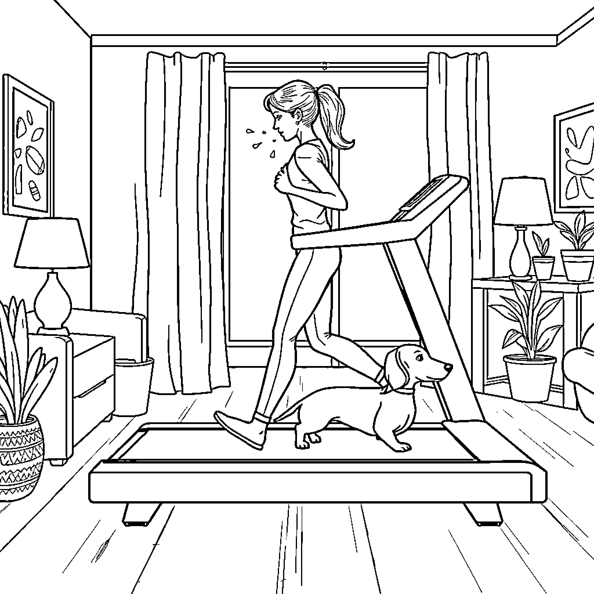 Woman exercising on treadmill with her dog Coloring Page (free black-and-white line drawing printable PDF for all, from beginners to advanced learners, including children, teens, adults, and seniors)