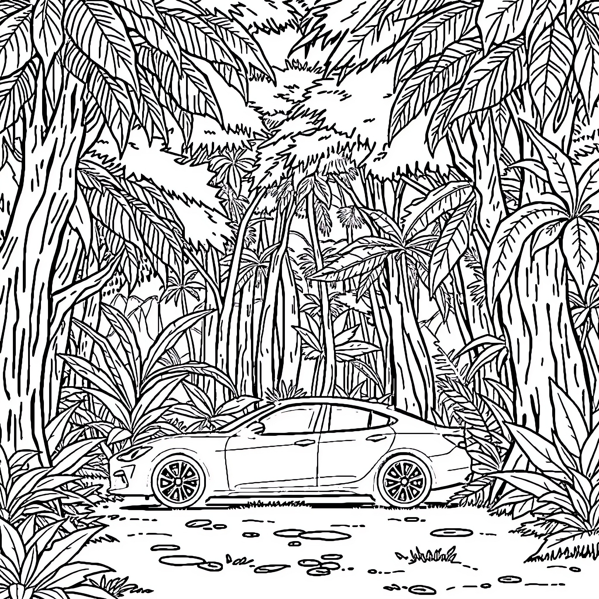 Car driving through lush tropical forest Coloring Page (free black-and-white line drawing printable PDF for all, from beginners to advanced learners, including children, teens, adults, and seniors)